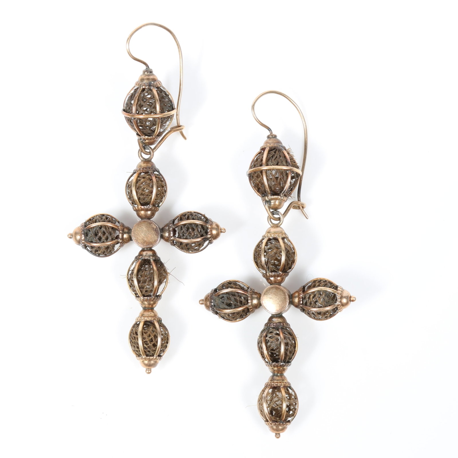 14K Victorian mourning hair jewelry cross earrings with woven hair work spheres encased in delicate: 14K Victorian mourning hair jewelry cross earrings with woven hair work spheres encased in delicate gold tone wire work, unmarked tested 6.45 dwt. total Several woven hair detail patterns are partiall
