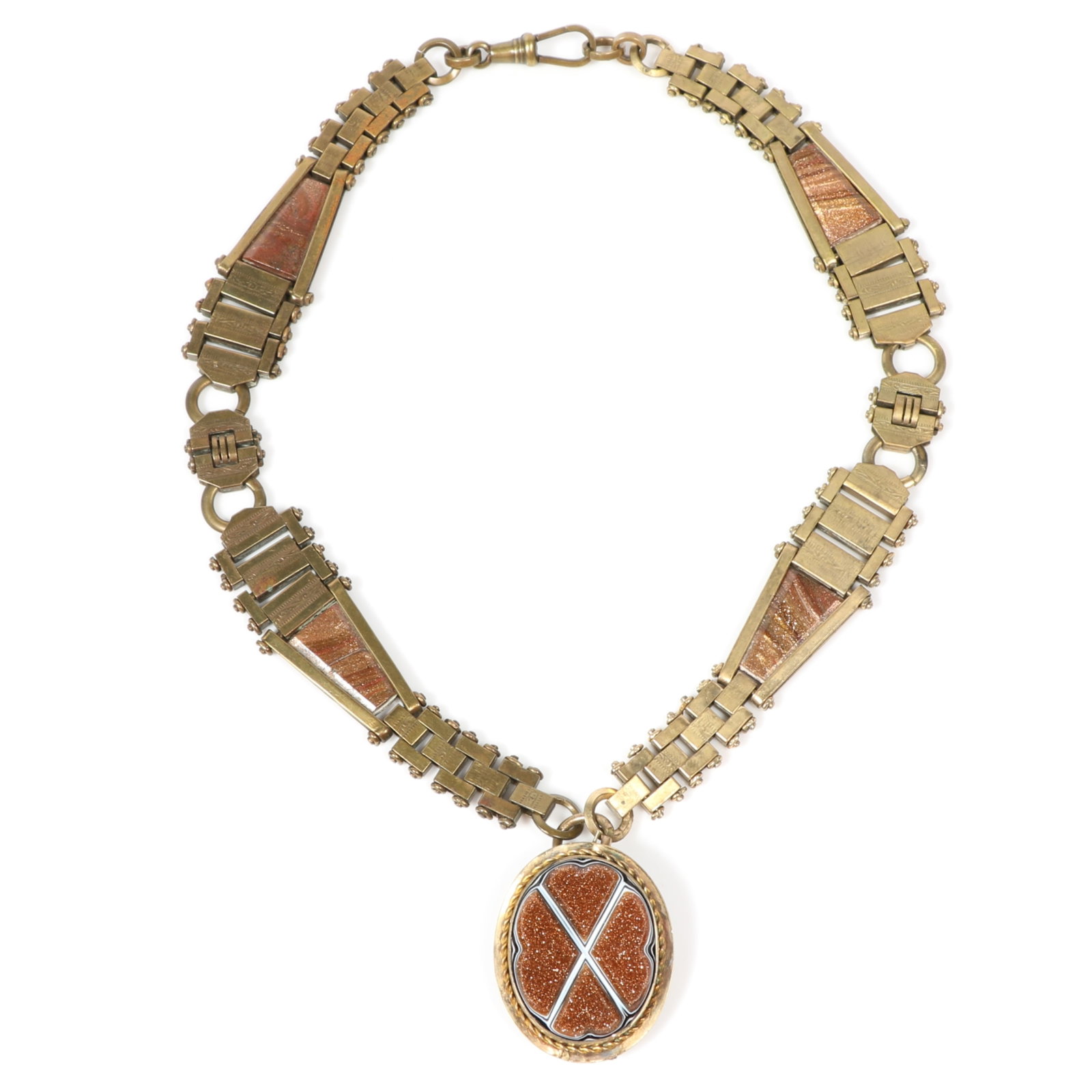 Victorian constructed pendant necklace created from two separate gold stone watch fob book chains,: Victorian constructed pendant necklace created from two separate gold stone watch fob book chains, and finished with a carved gold stone and agate brooch. Can be easily separated again. Provenance: Fr
