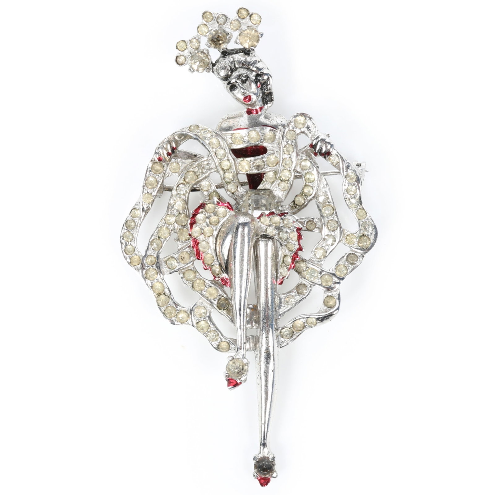 Eisenberg 1940's sterling silver Can-Can dancer book piece pin brooch with diamante rhinestones and: Eisenberg 1940's sterling silver Can-Can dancer book piece pin brooch with diamante rhinestones and red enameling, with original box The lid is no longer affixed to the base of the box. Page 107 of "E