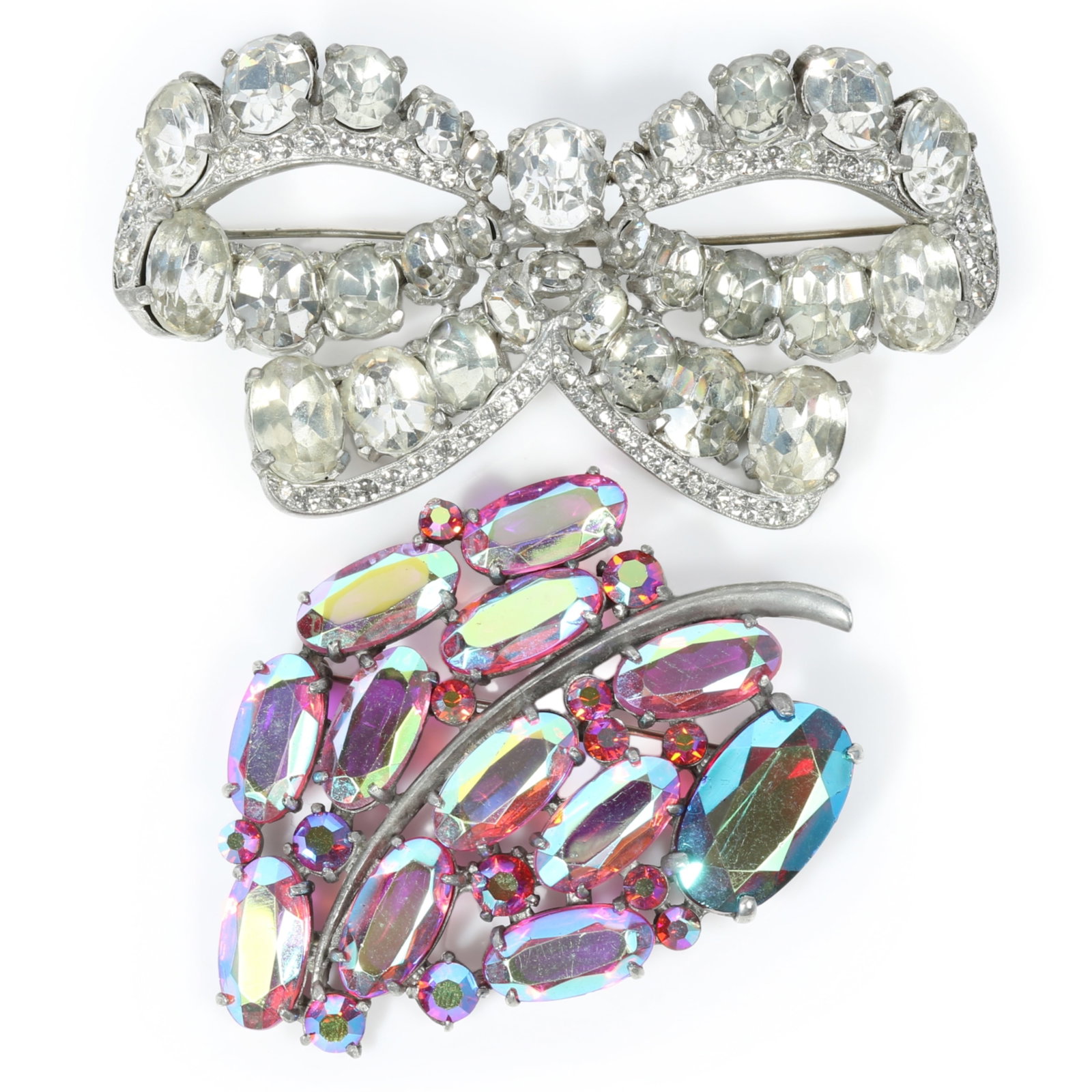 Eisenberg 2pc brooch group including large iconic diamante rhinestone bow brooch, and iridescent (1 of 10)