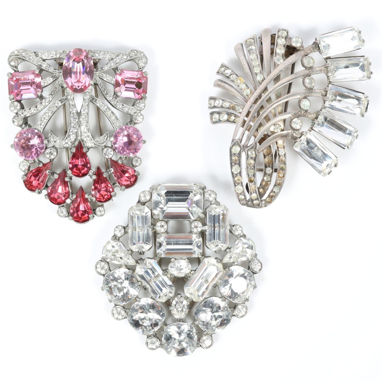 Eisenberg Original 3pc group: sterling spray fur clip, shield form fur clip with pink jewels, and: Eisenberg Original 3pc group: sterling spray fur clip, shield form fur clip with pink jewels, and shield form dress clip 2 1/2"H x 2"W (pink)