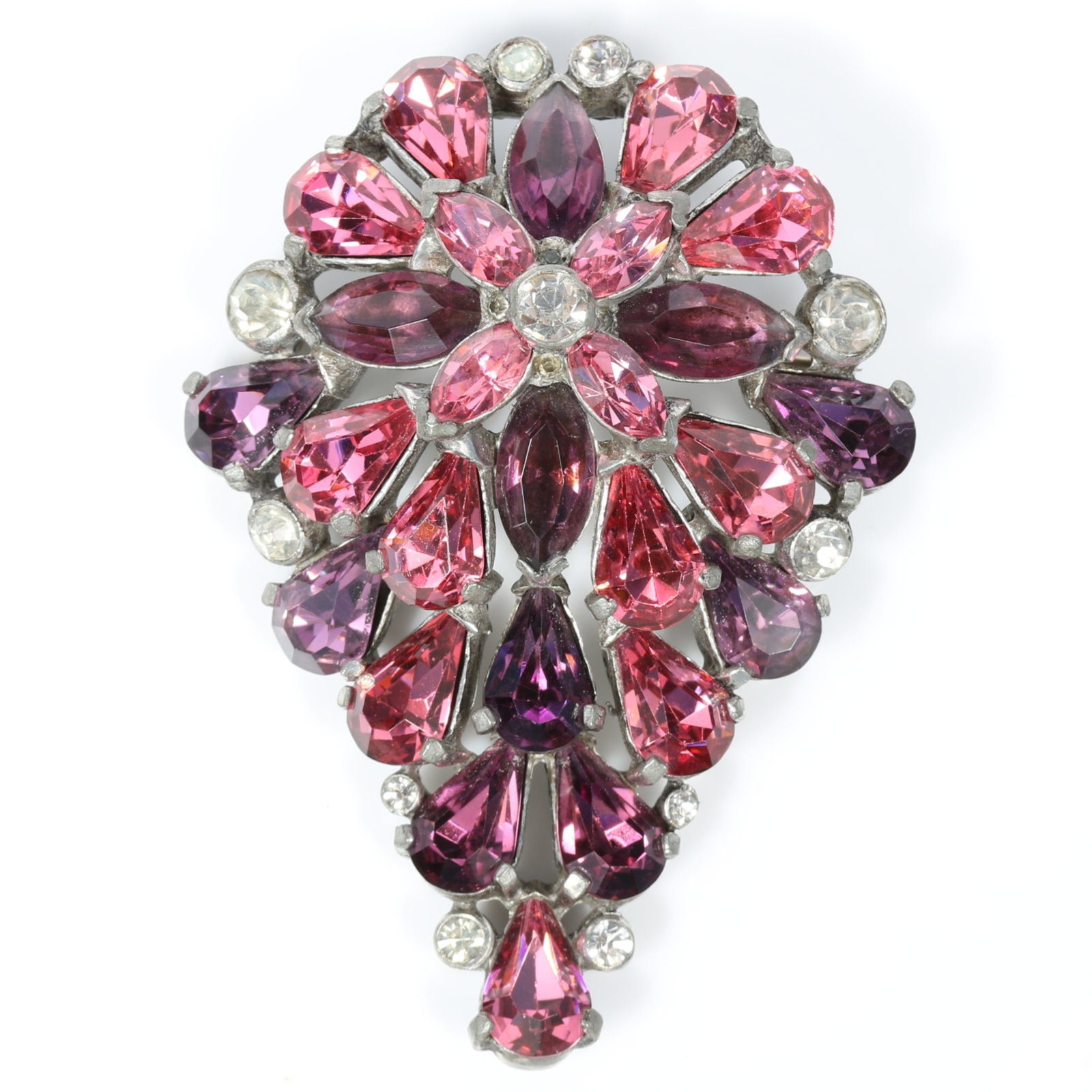 Eisenberg Original domed converted dress clip brooch with pink and amethyst teardrop and marquis: Eisenberg Original domed converted dress clip brooch with pink and amethyst teardrop and marquis crystals Provenance: From the Collection of Joan Duran, owner of The Queen's Bedroom on Facebook 3"H x 