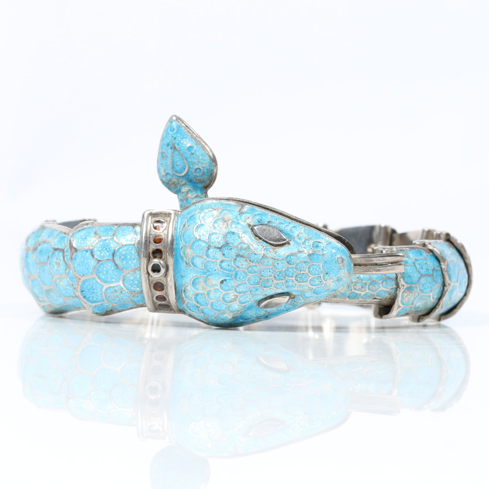 Mexican sterling silver sky blue enameled articulated snake bracelet in the style of Margot de Taxco (1 of 13)