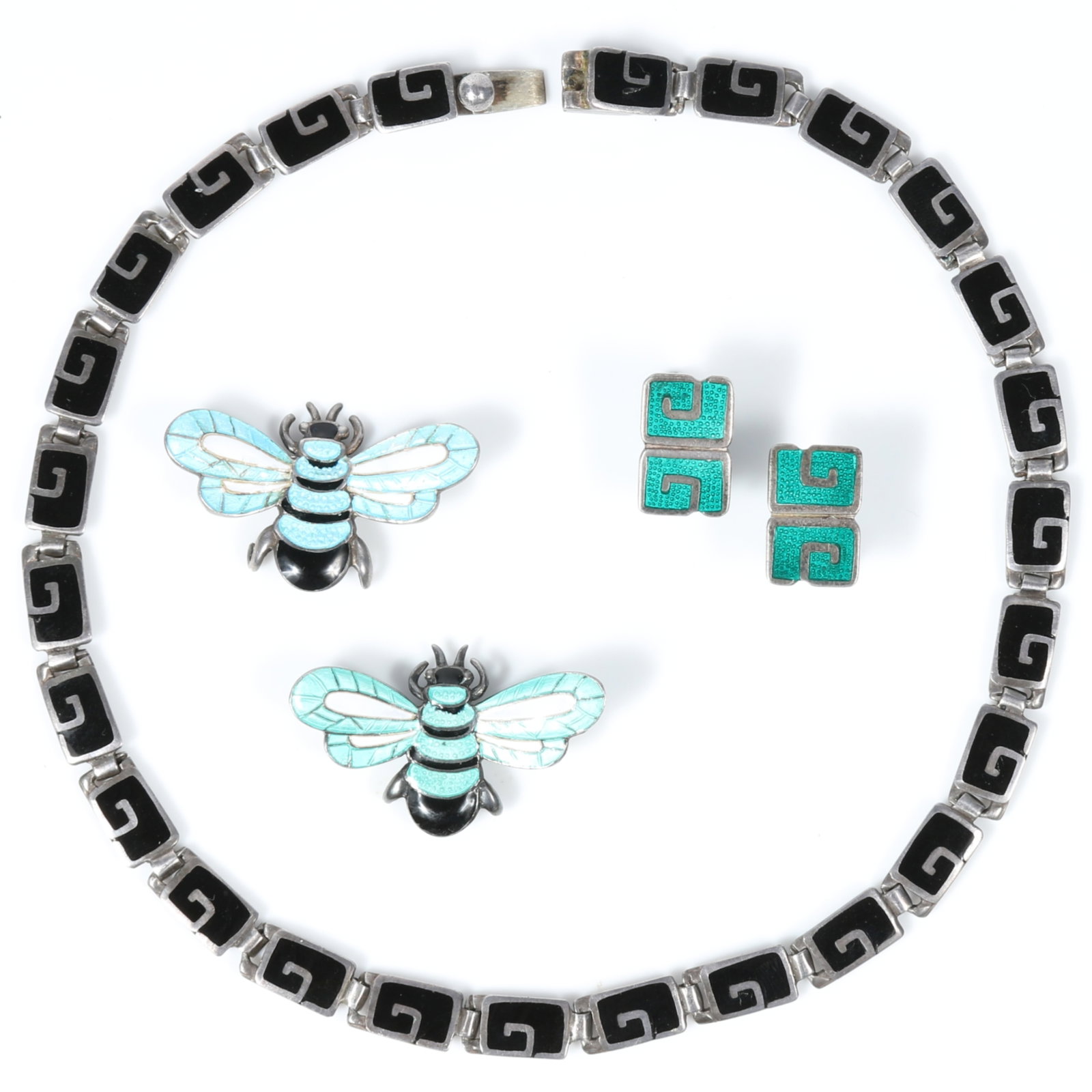 Margot de Taxco Mexican sterling silver 4pc group: Greek key necklace and earrings in black and: Margot de Taxco Mexican sterling silver 4pc group: Greek key necklace and earrings in black and green enamel with pair of bee brooches in sky blue and black enamel Necklace and earrings: #5403, bees #