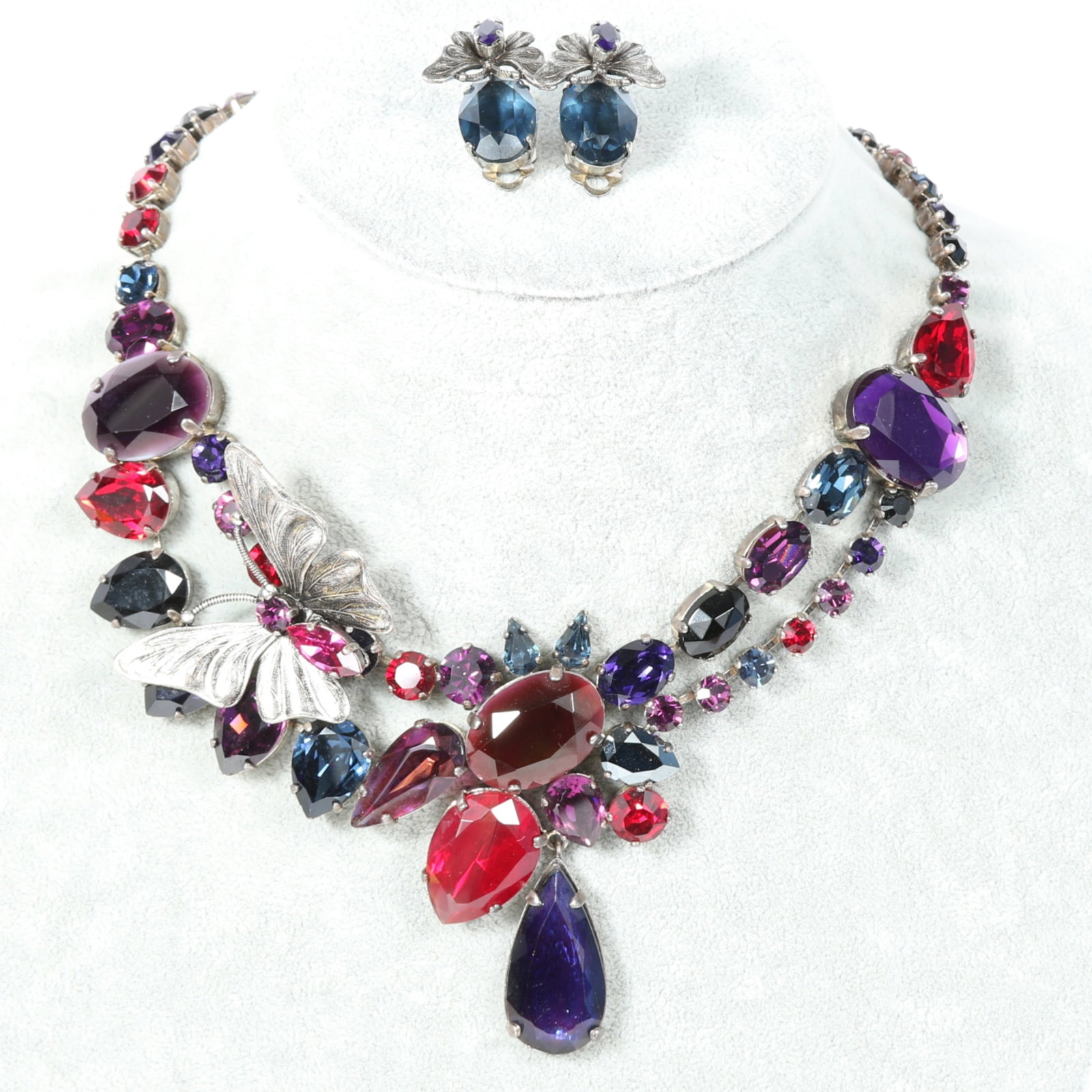 Philippe Ferrandis Paris assymetrical butterfly and floral jewel tone crystal necklace and matching (1 of 17)