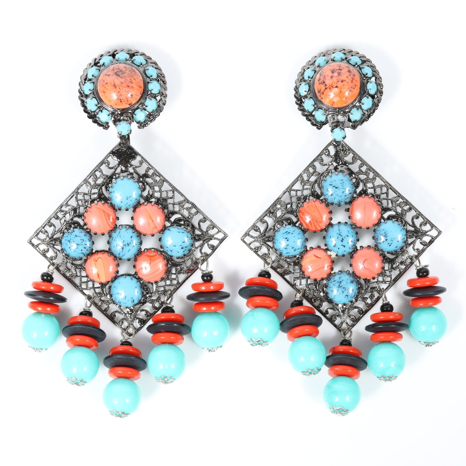Lawrence VRBA large drop earrings featuring faux coral and turquoise art glass cabochons, and: Lawrence VRBA large drop earrings featuring faux coral and turquoise art glass cabochons, and robin's egg blue plastic beaded drops Two coral cabochons appear to have a cracks Provenance: From the Col