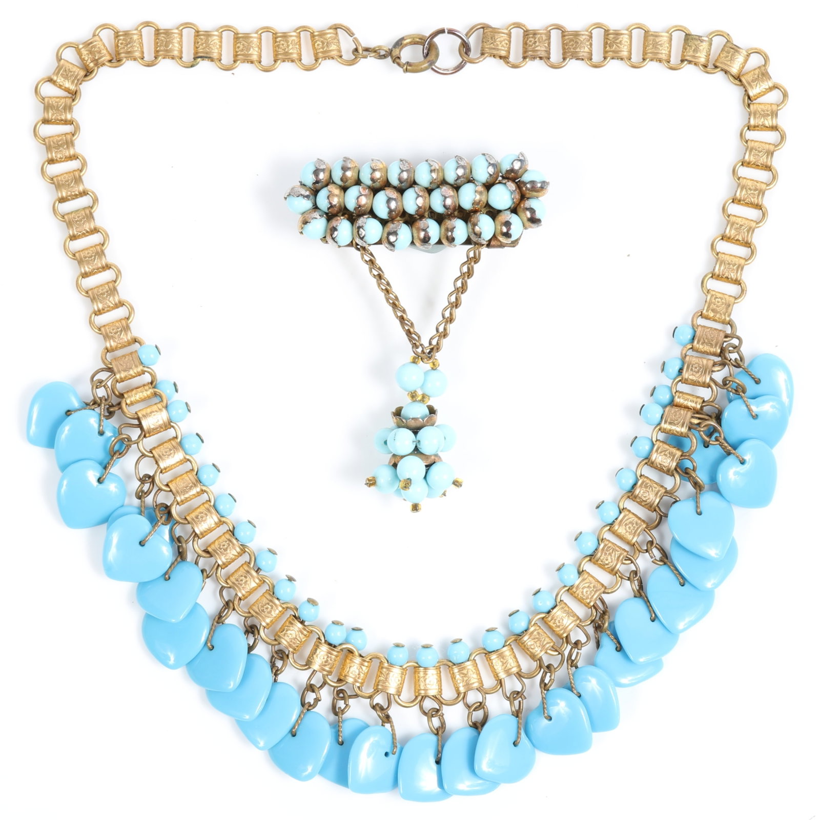 Early unsigned Miriam Haskell? book chain necklace with blue glass hearts, and vintage 1920's French (1 of 10)