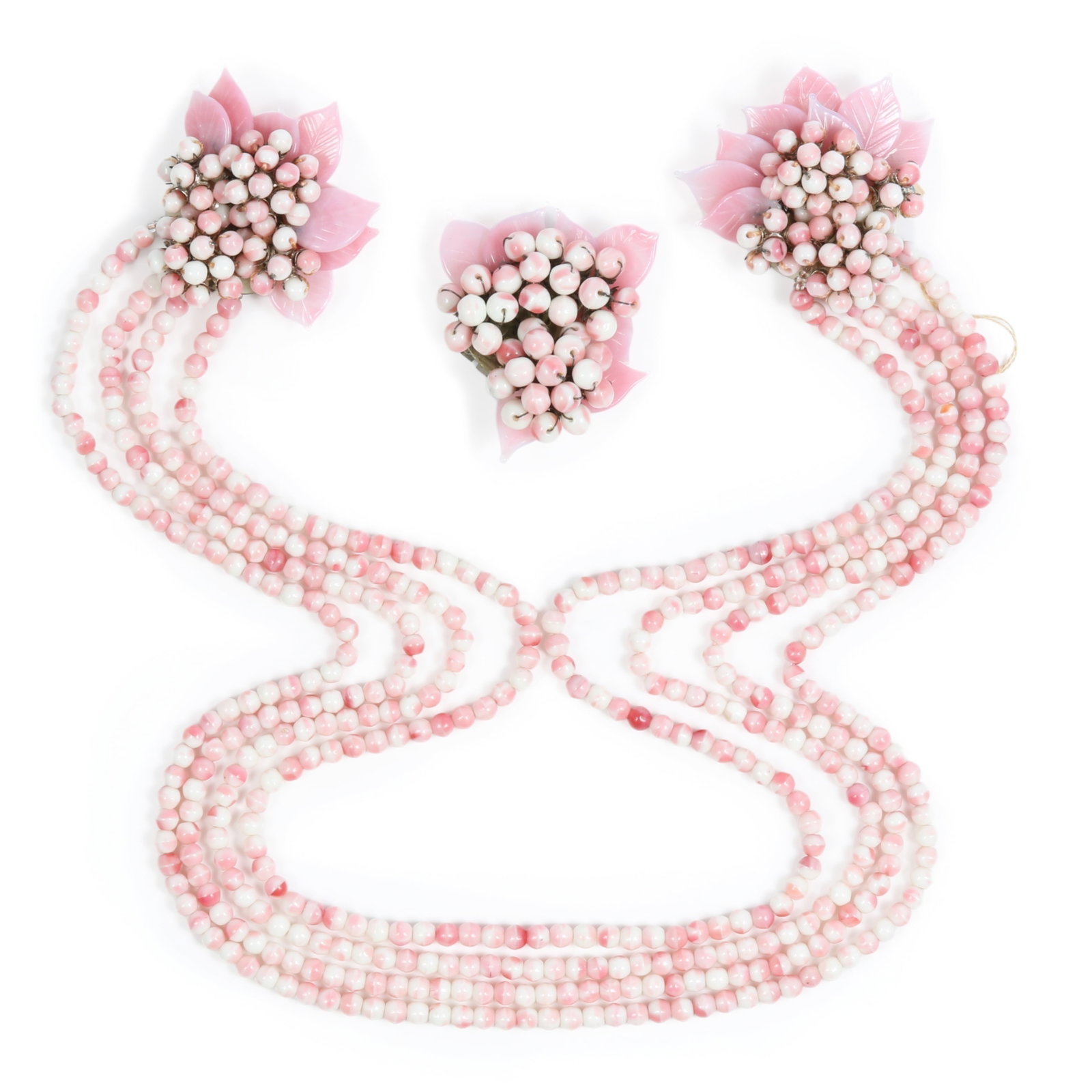 Miriam Haskell 1940's soft pink glass floral four strand beaded lariat style dress clip necklace: Miriam Haskell 1940's soft pink glass floral four strand beaded lariat style dress clip necklace with glass petals and matching glass beaded dress clip, unsigned The small paper tag reads: "Frederick 