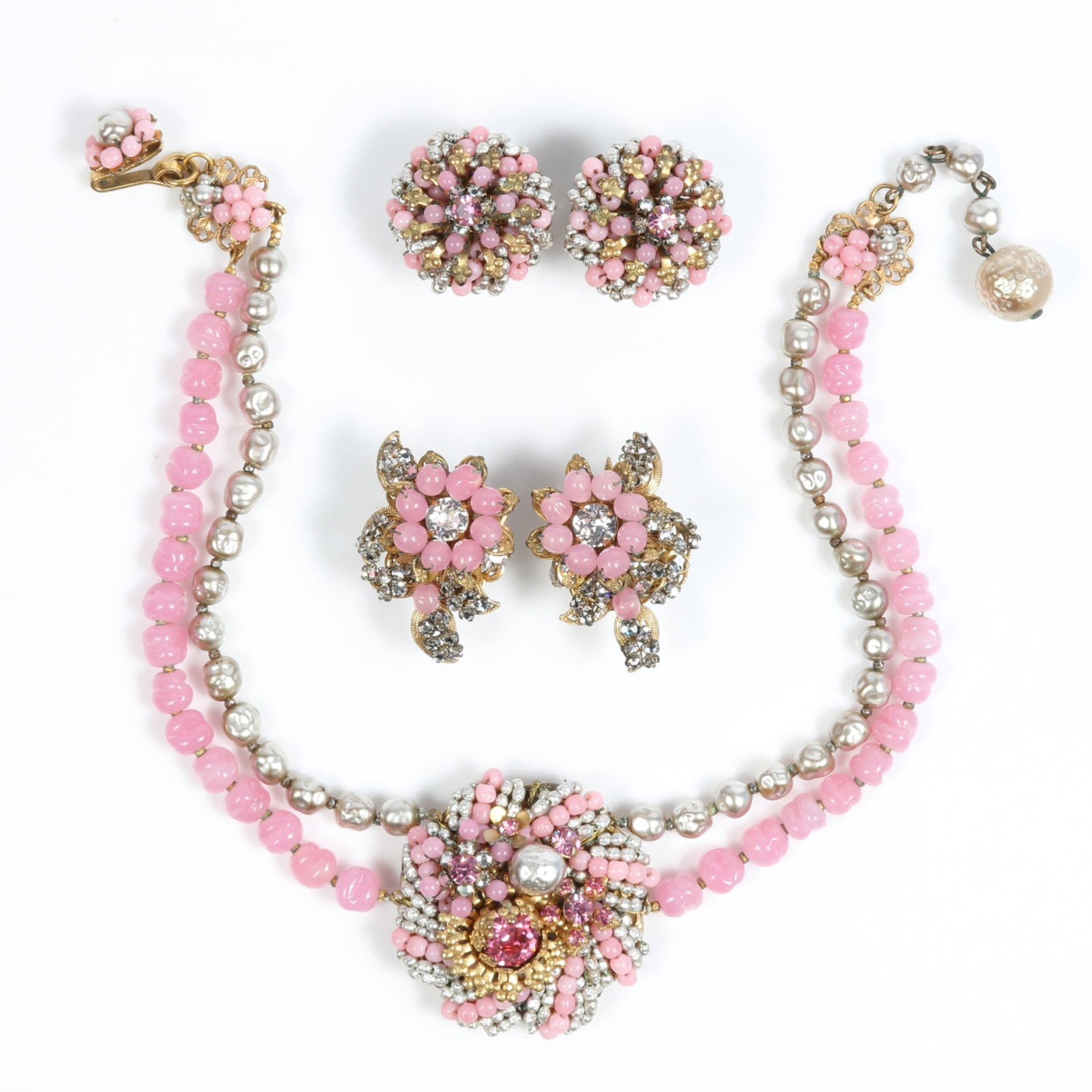 Miriam Haskell pink glass, faux pearl, and rhinestone crystal floral choker necklace and two pairs (1 of 13)