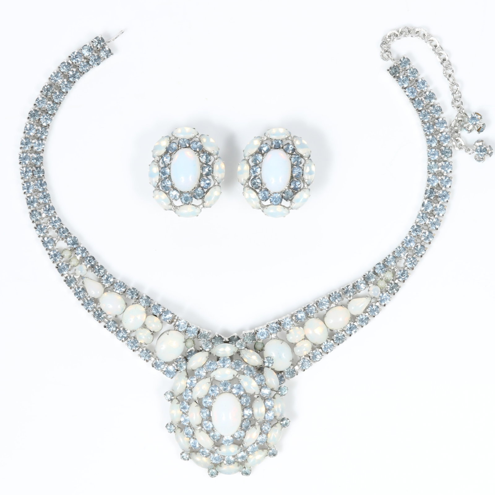 Mid Century white opalescent glass cabochon and soft blue rhinestone bib necklace with matching: Mid Century white opalescent glass cabochon and soft blue rhinestone bib necklace with matching earrings 13"L - 16"L adjustable x 2" Drop (necklace)