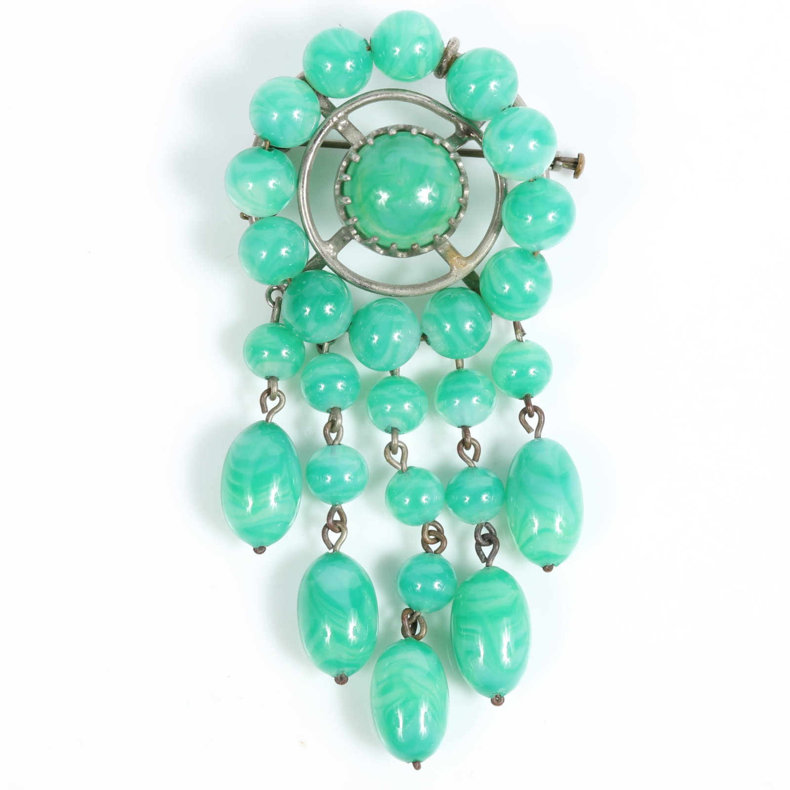 1940's French swirled green art glass drop brooch, unsigned 4"H x 1 1/2"W: 1940's French swirled green art glass drop brooch, unsigned Provenance: From the Collection of Joan Duran, owner of The Queen's Bedroom on Facebook 4"H x 1 1/2"W