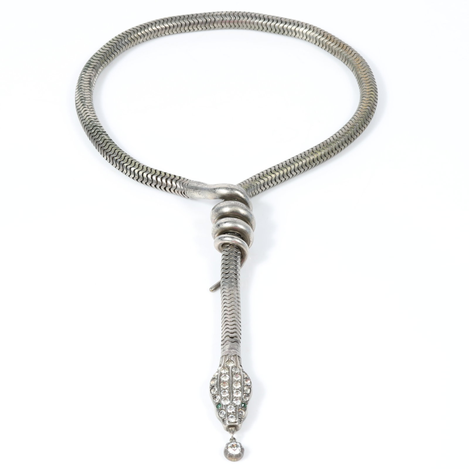 Exceptional Art Deco snake lariat slide necklace with rhinestone decorated head and drop 15"L x: Exceptional Art Deco snake lariat slide necklace with rhinestone decorated head and drop Provenance: From the collection of Sue Rudman, owner of Antique Source, Ltd in NYC for more than 45 years. 15"L