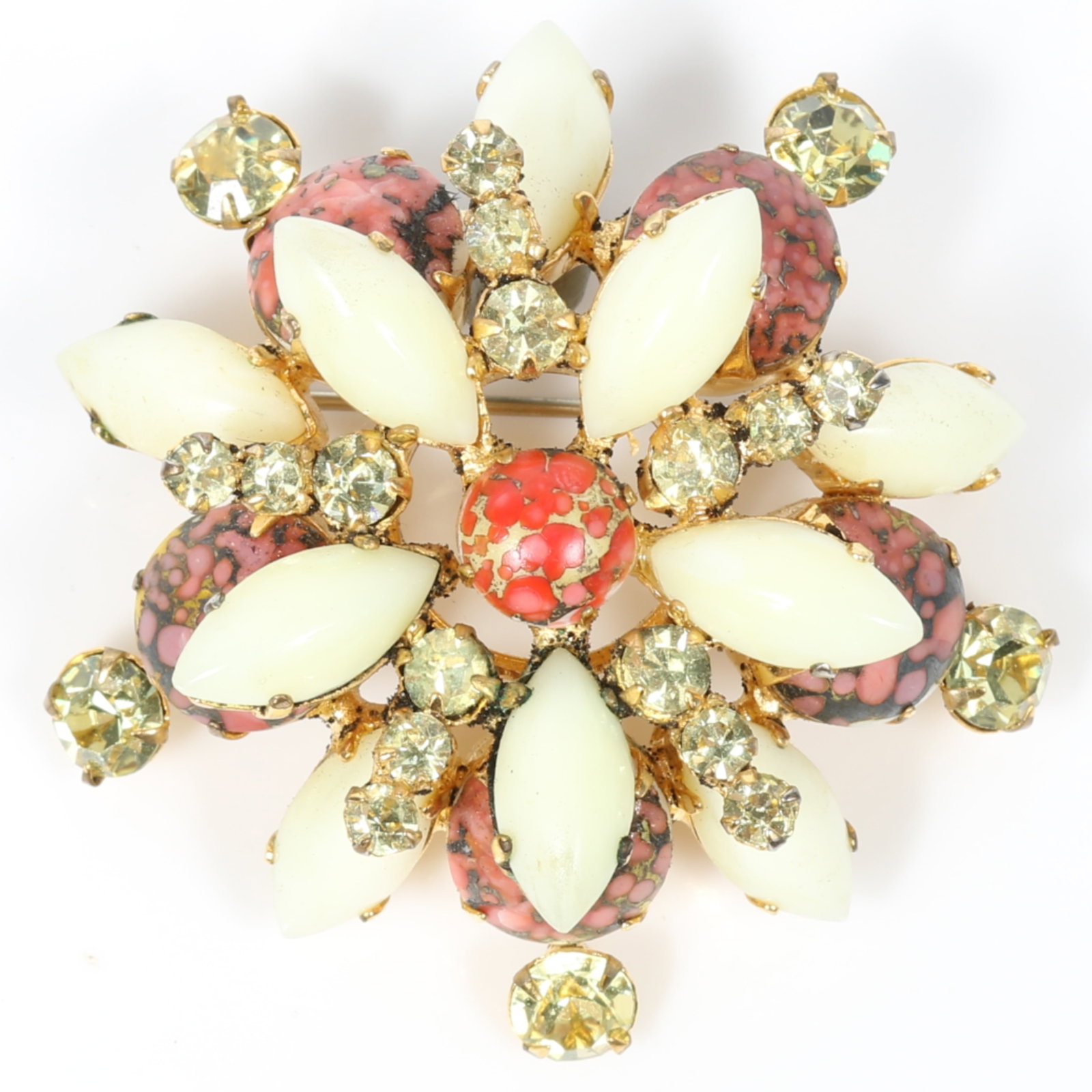 Schreiner New York tiered floral design pendant / brooch with confetti art glass, jonquil yellow: Schreiner New York tiered floral design pendant / brooch with confetti art glass, jonquil yellow rhinestones, and buttercream yellow navette stones 2"H x 2"W x 3/4"Tall