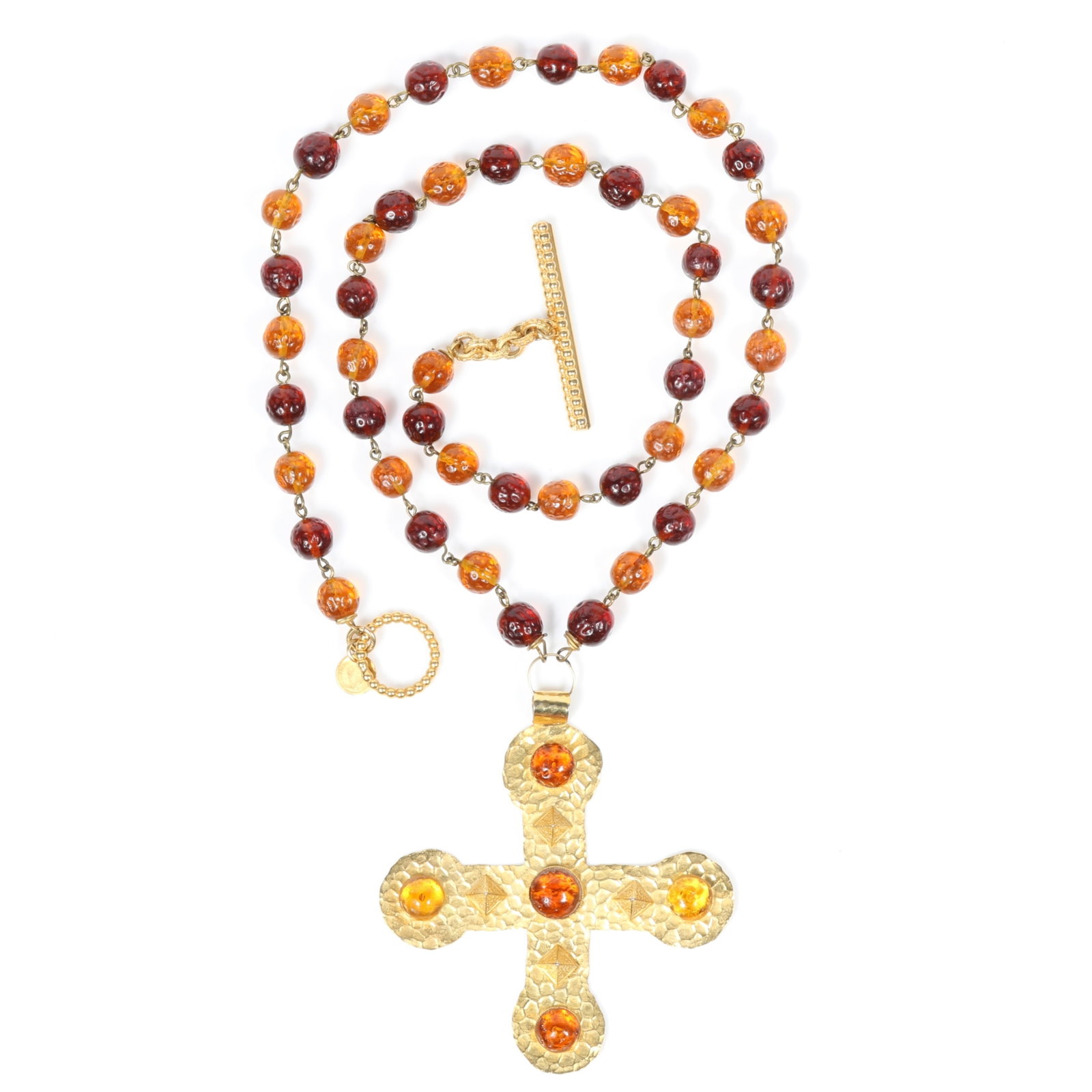 Dominique Aurientis Paris Byzantine style pendant necklace with a long wired chain of Gripoix poured: Dominique Aurientis Paris Byzantine style pendant necklace with a long wired chain of Gripoix poured glass beads in shades of amber and topaz, and equal armed cross pendant with matching stones, and p