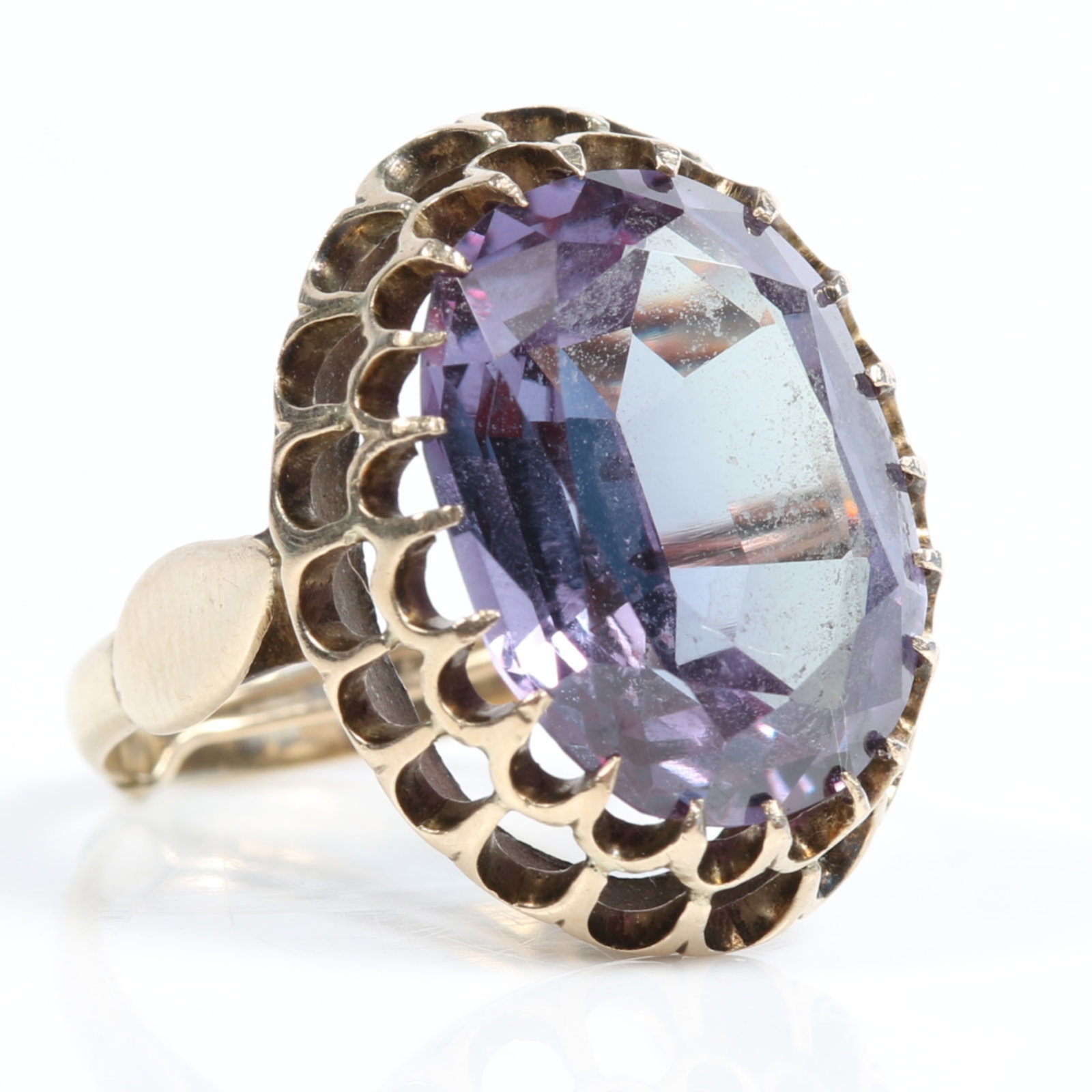 14k Yellow gold oval synthetic alexandrite ring in open double gallery setting Size 7 1/2 with ring (1 of 9)