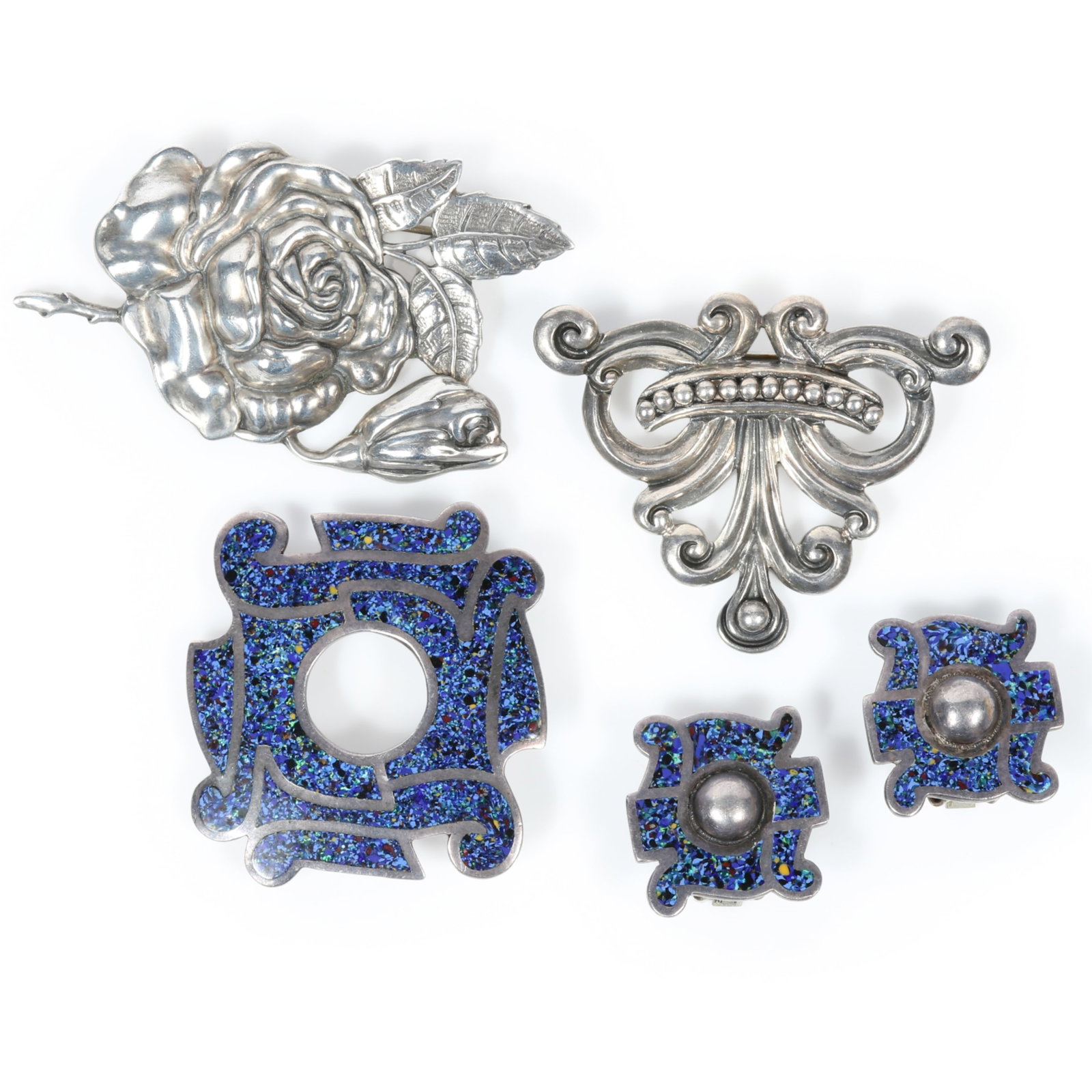 Margot de Taxco Mexican sterling silver 4pc group: geometric brooch and matching earrings with (1 of 10)