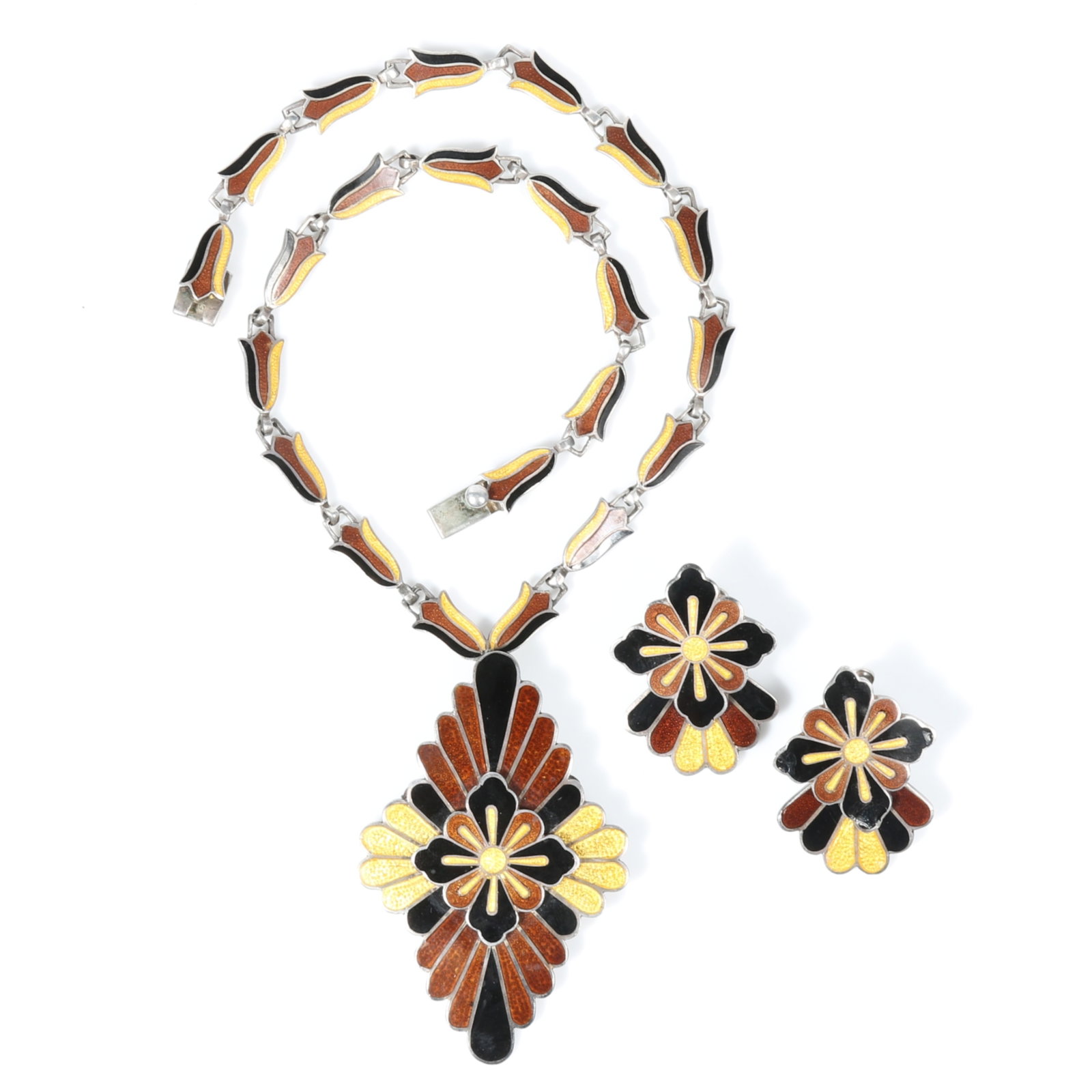 Margot de Taxco Mexican sterling silver floral/geometric pattern necklace and matching earrings: Margot de Taxco Mexican sterling silver floral/geometric pattern necklace and matching earrings featuring champlev? enamel work in rich shades of obsidian black, caramel brown, and butter yellow There