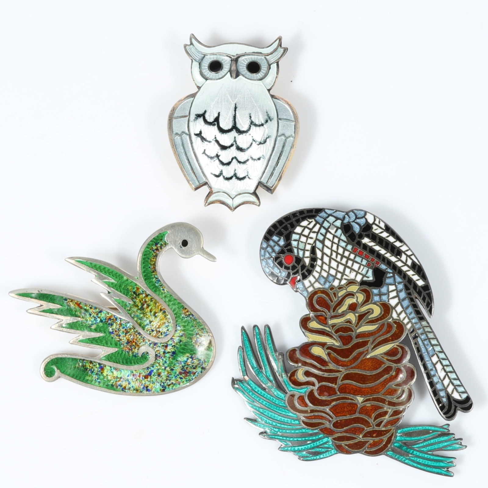 3pc sterling silver enamel bird brooch group including large Margot de Taxco bird on pinecone brooch (1 of 16)