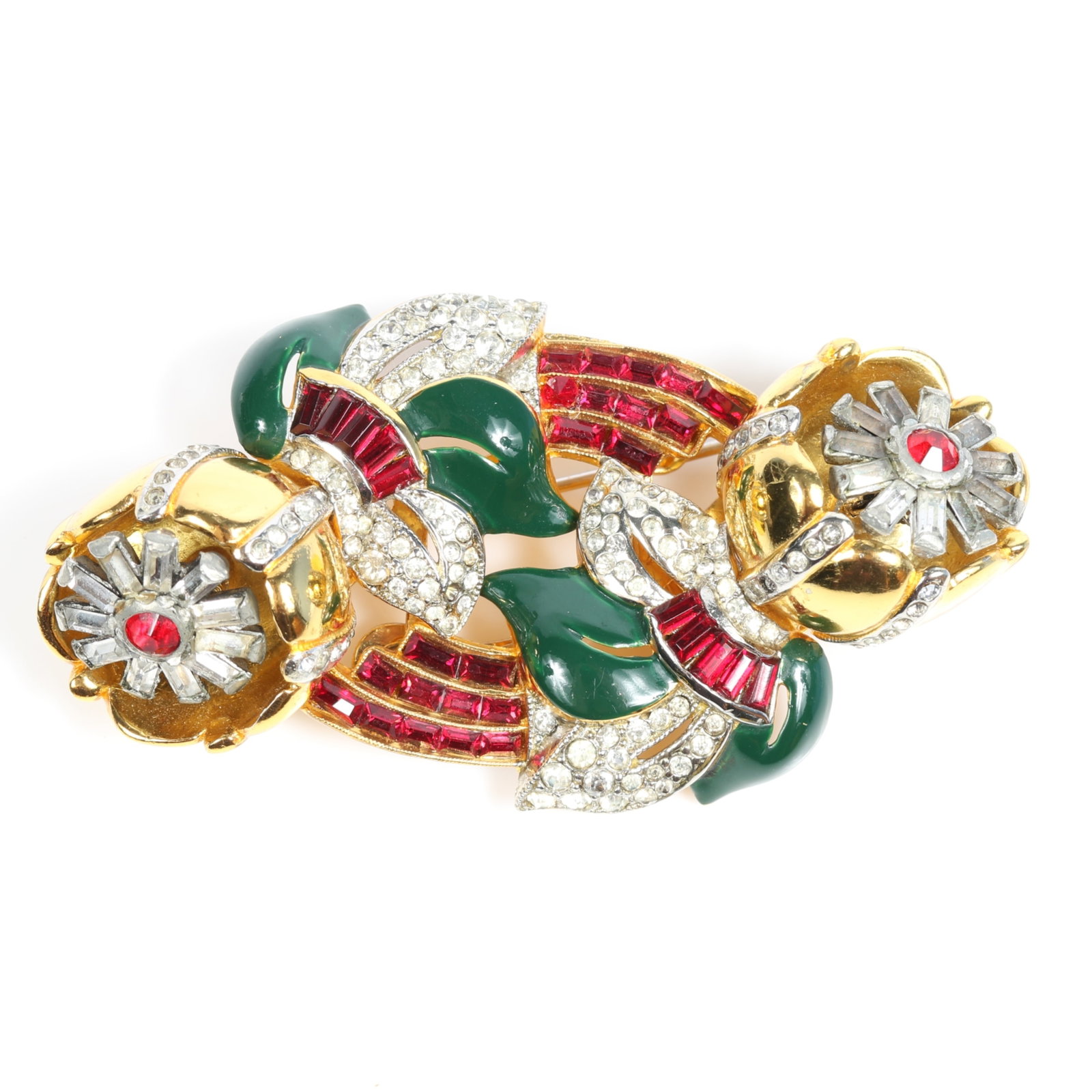 Coro Duette quivering camellias floral trembler brooch with red baguettes, pave, and green enamel (1 of 9)