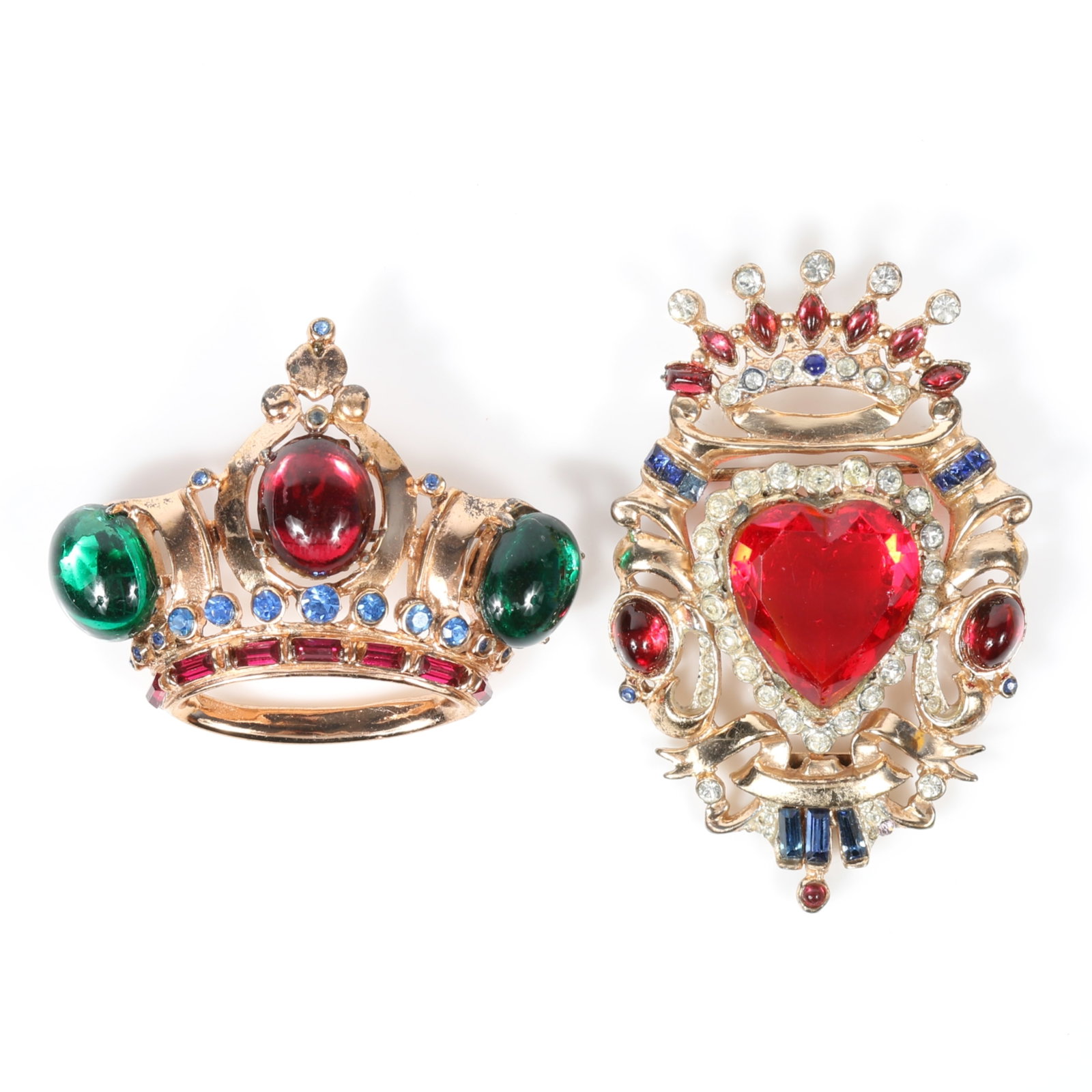 Coro Craft / Corocraft sterling vermeil 2pc group: crown brooch with jewel tone cabochons and: Coro Craft / Corocraft sterling vermeil 2pc group: crown brooch with jewel tone cabochons and crowned ruby red heart heraldic crest brooch Provenance: From the private collection of Dr. Claudia Brodhe