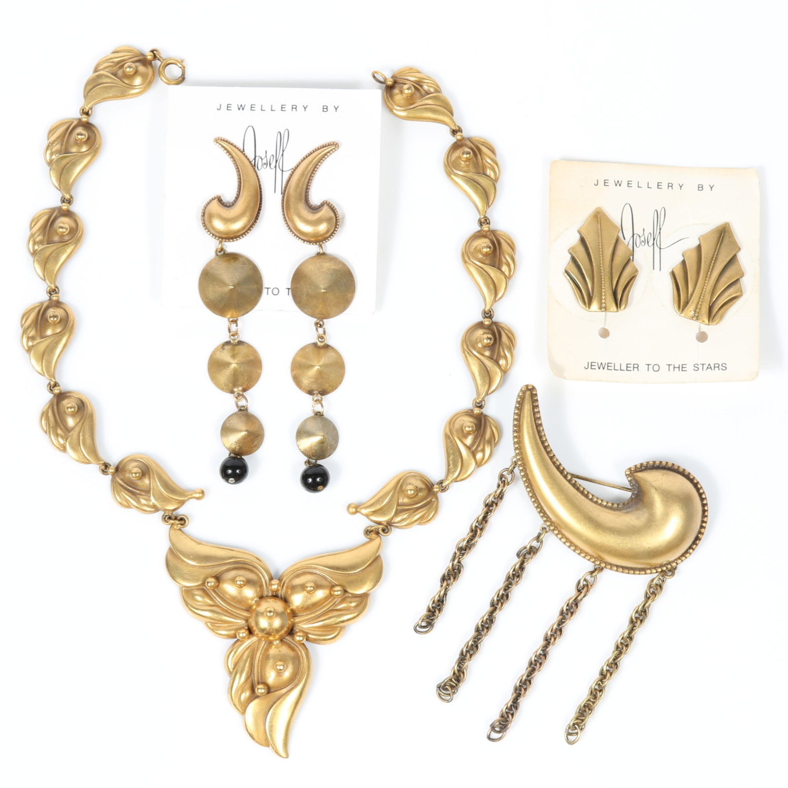 Joseff of Hollywood stamped brass 4pc group including floral design necklace, Art Deco style (1 of 14)