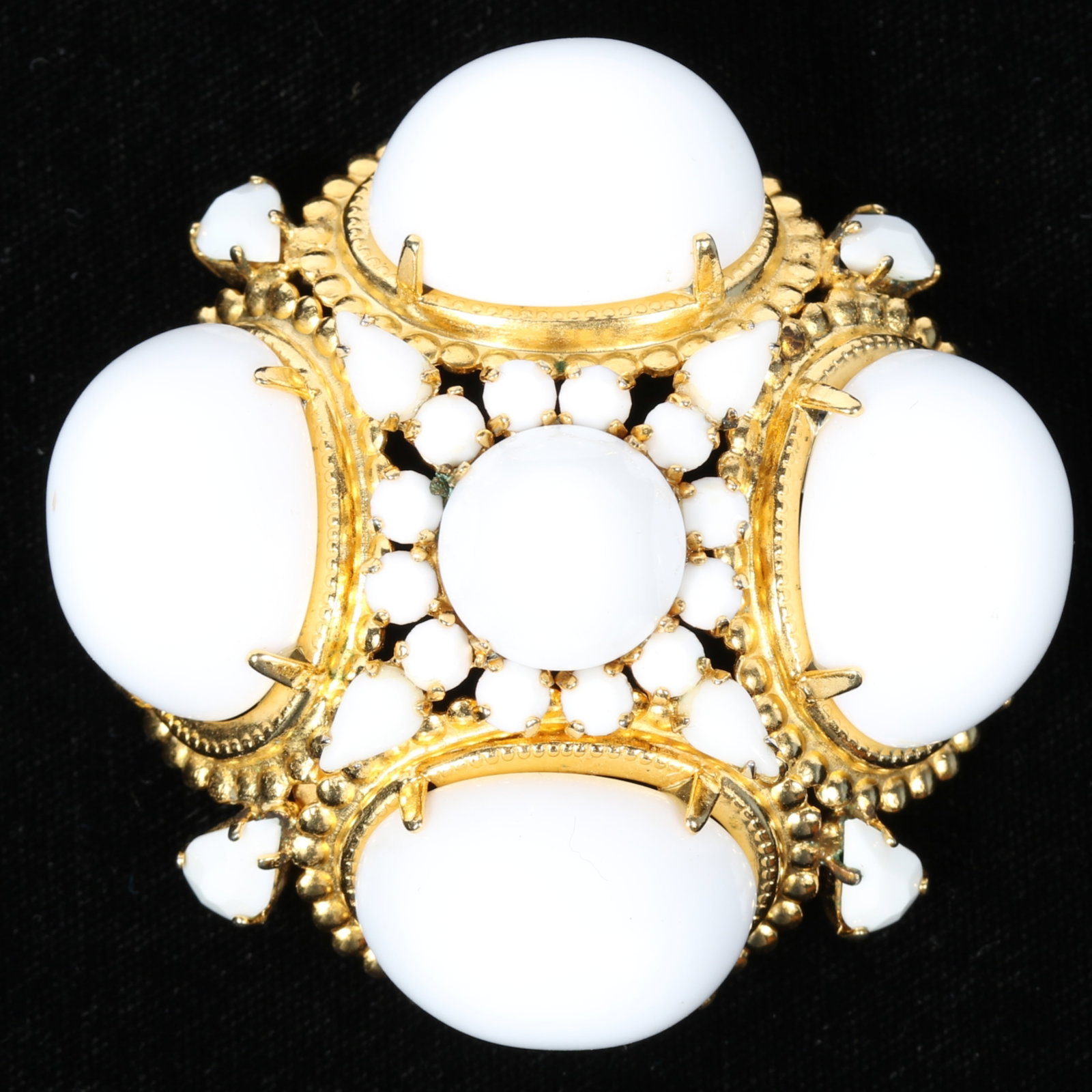 Schreiner New York pendant brooch with heavily dimensional domed white lucite cabochons 2 1/2"H x 2 (1 of 8)