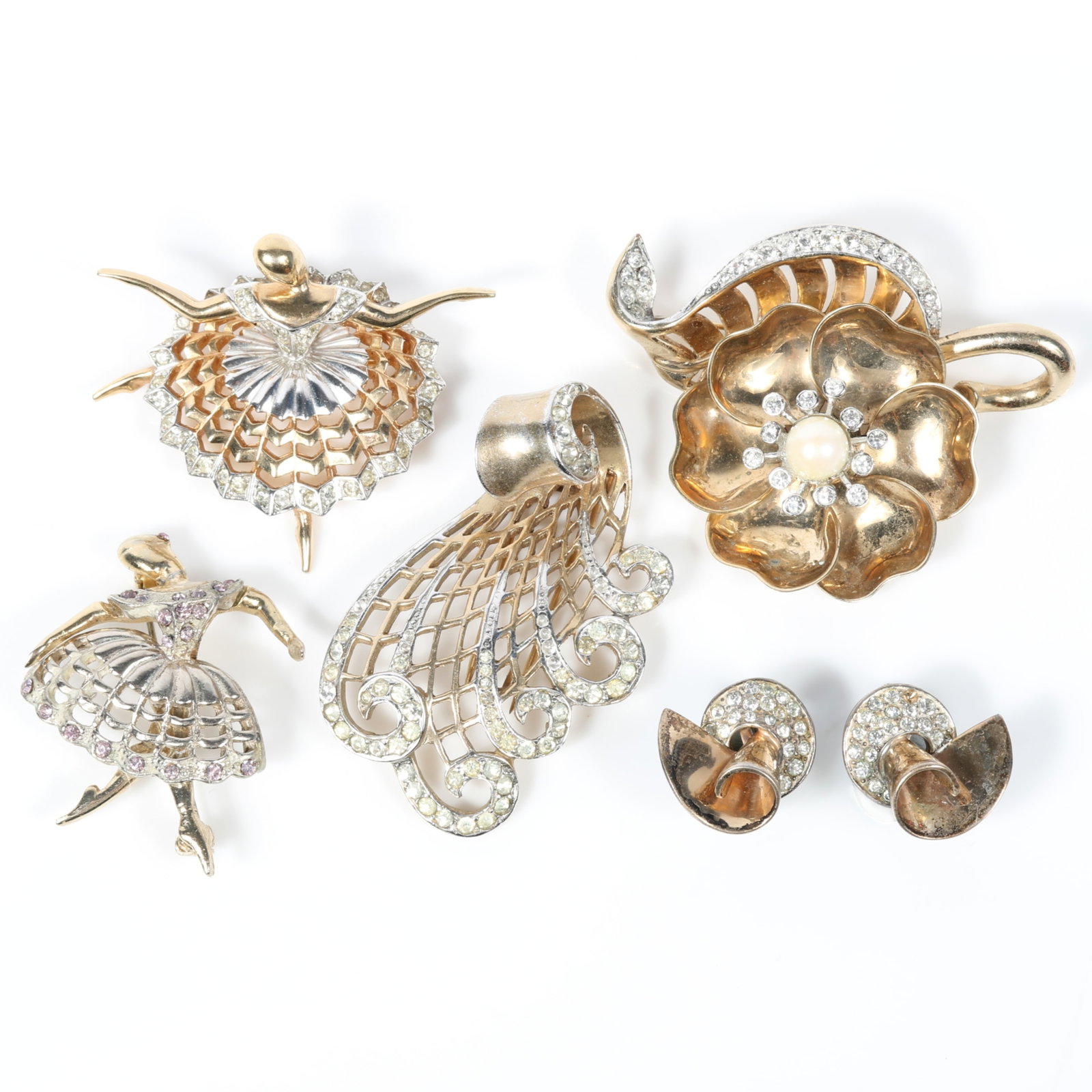 Marcel Boucher 5pc retro jewelry group including articulated flower brooch with faux pearl center, (1 of 18)