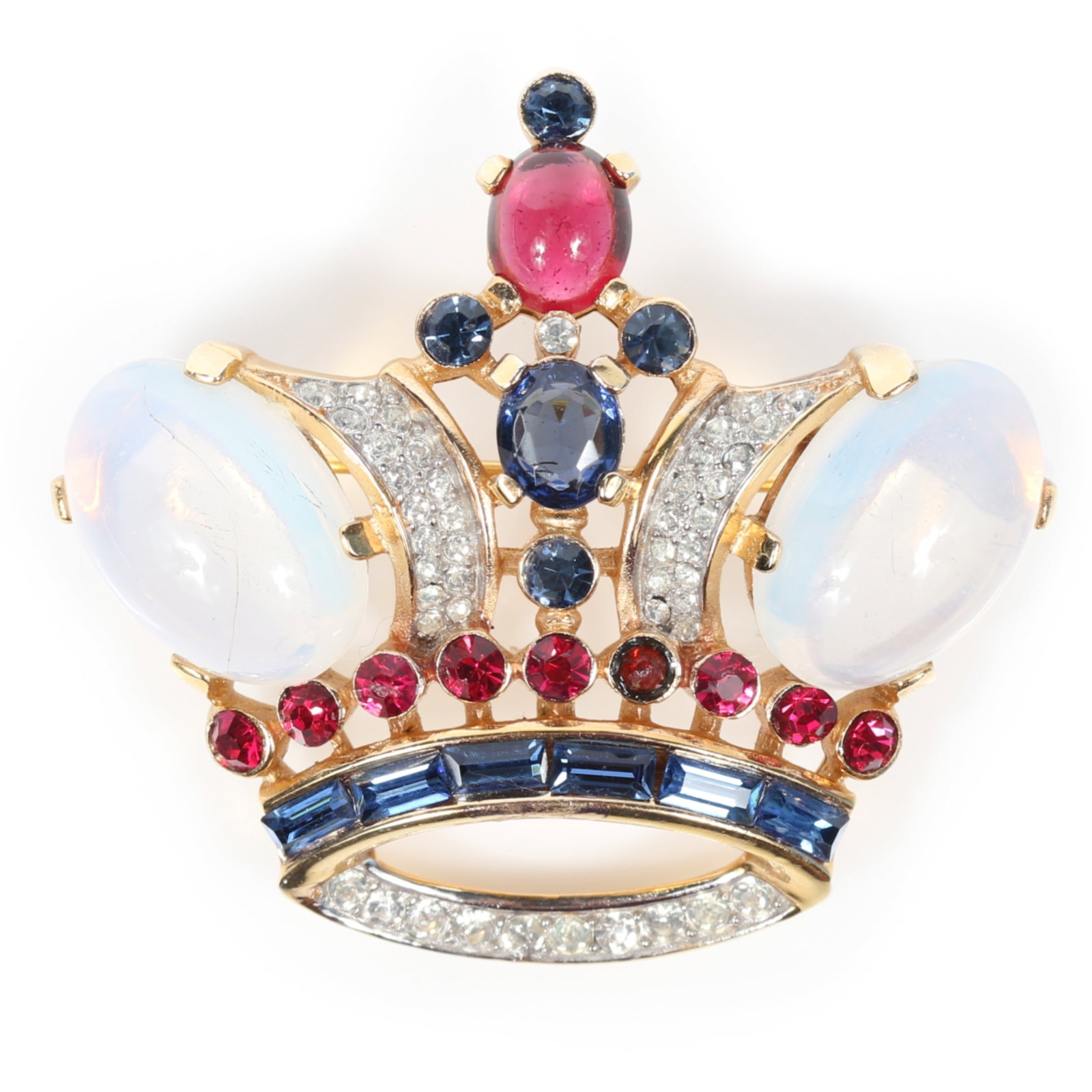 Trifari 1944 Alfred Philippe King Crown book piece brooch with gold plating, faux moonstone glass (1 of 10)