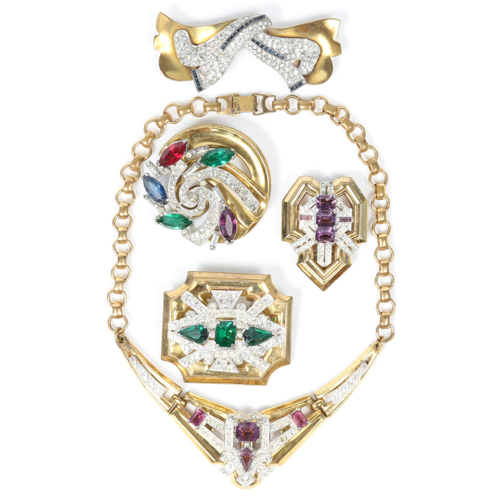 McClelland Barclay retro 5pc group: winged necklace, and matching dress clip with amethyst stones (1 of 20)