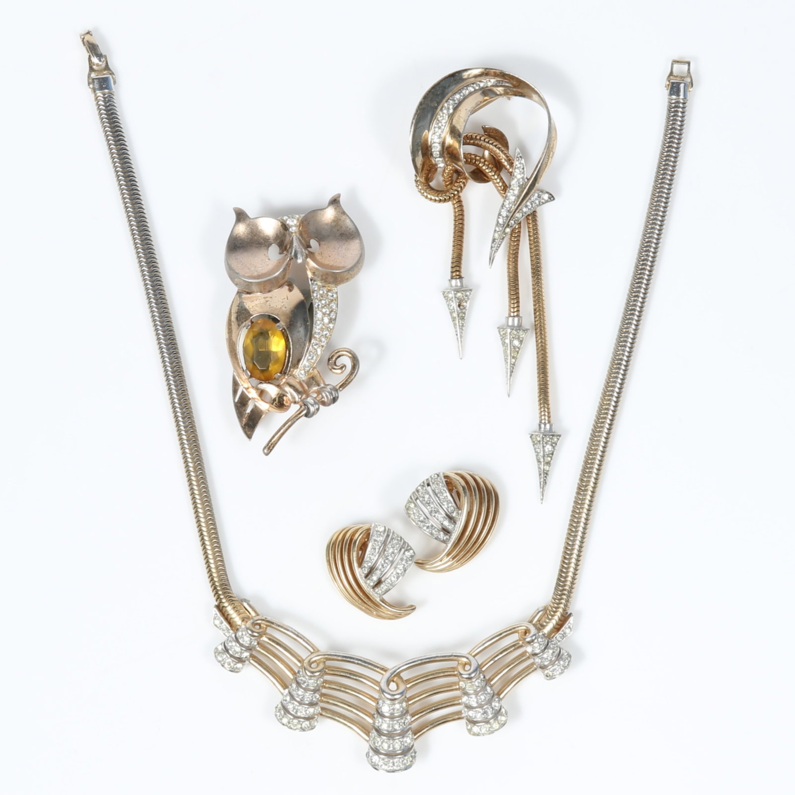 Boucher 4pc group: sterling vermeil owl brooch with large citrine crystal, sterling vermeil arrow (1 of 18)