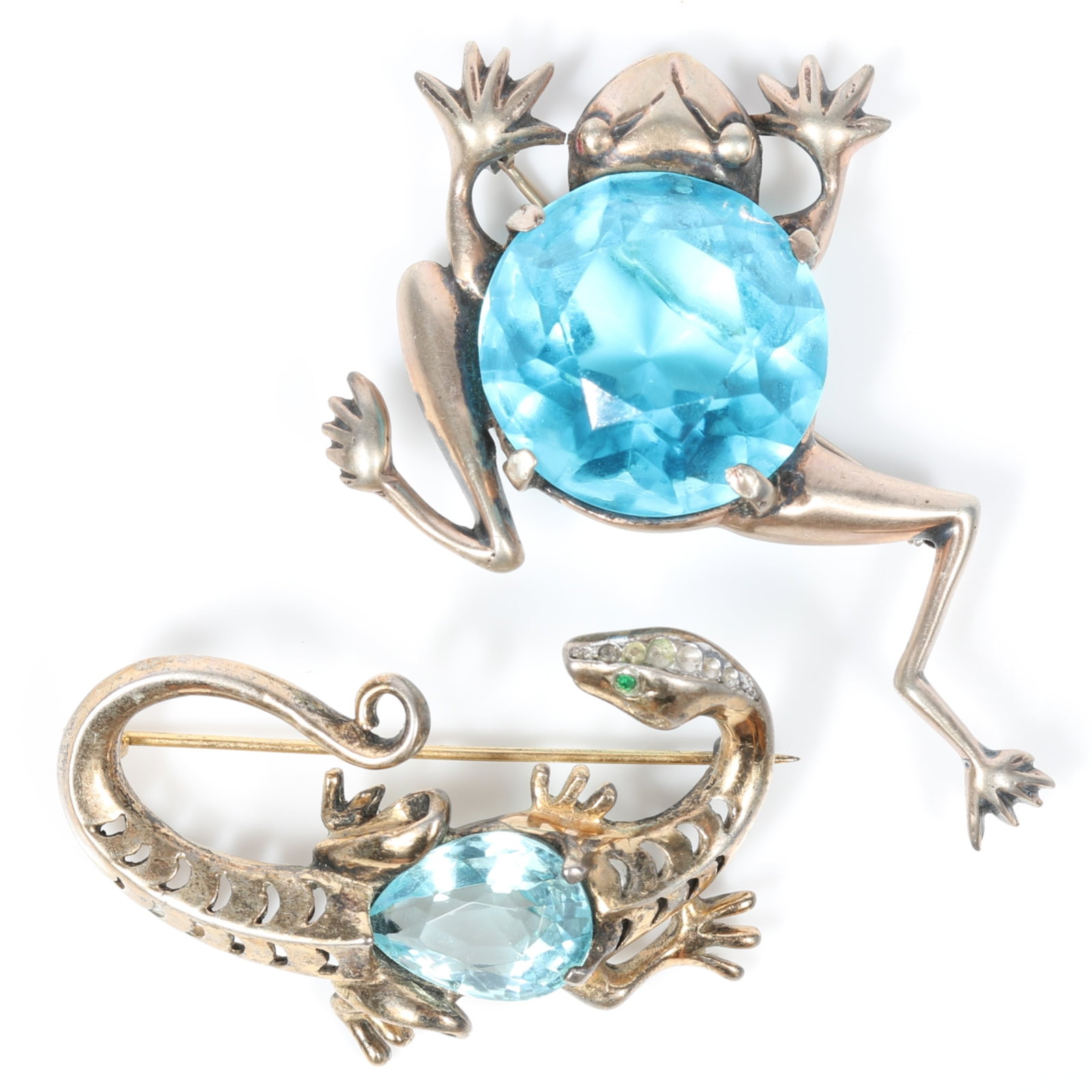 Pair of retro sterling vermeil unsigned Reja? jewel belly figural frog and lizard brooches 2 1/4"H x (1 of 9)