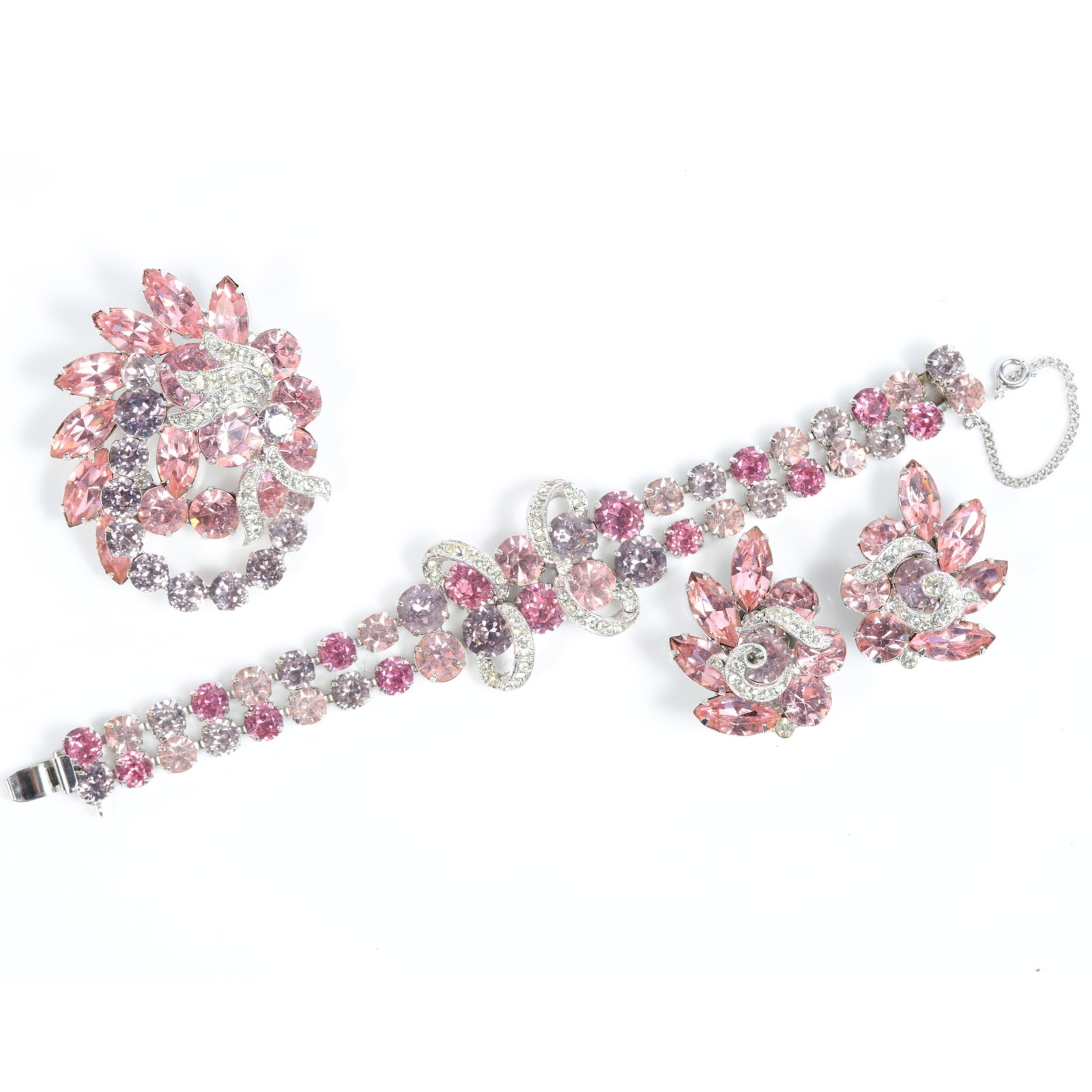 Eisenberg pink and lavender rhinestone crystal parure with bracelet, brooch, and earrings 6 1/2"L x (1 of 12)