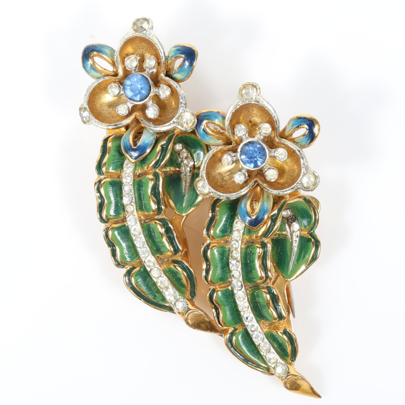 Rare Coro Duette sterling vermeil trefoil flowers with enameled leaves, blue center jewels, and (1 of 12)