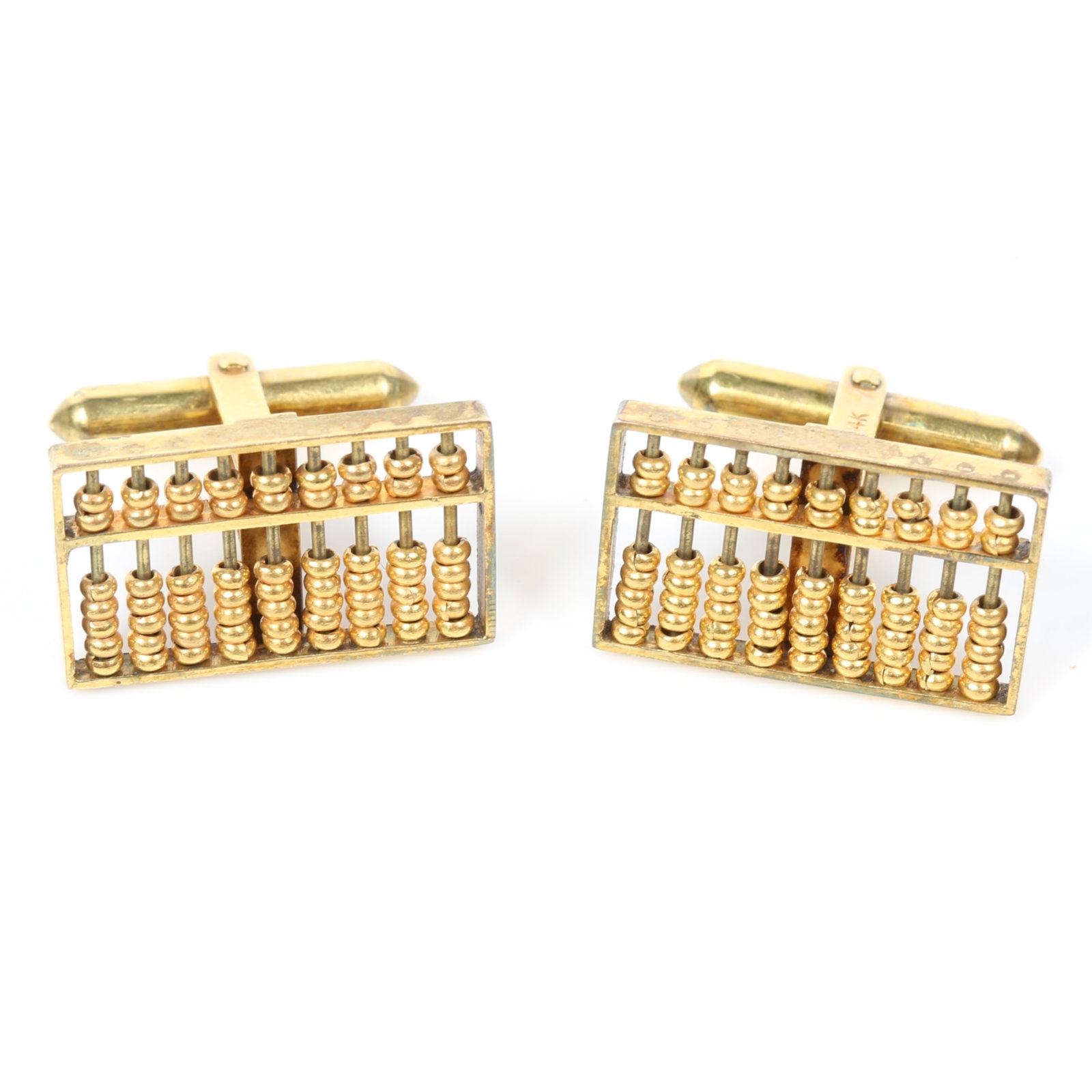 14k Yellow gold abacus cuff links with moveable beads 3/4"H x 7/8"W: 14k Yellow gold abacus cuff links with moveable beads 5.9 dwt. total The purchase of gold requires confirmed funds. 3/4"H x 7/8"W