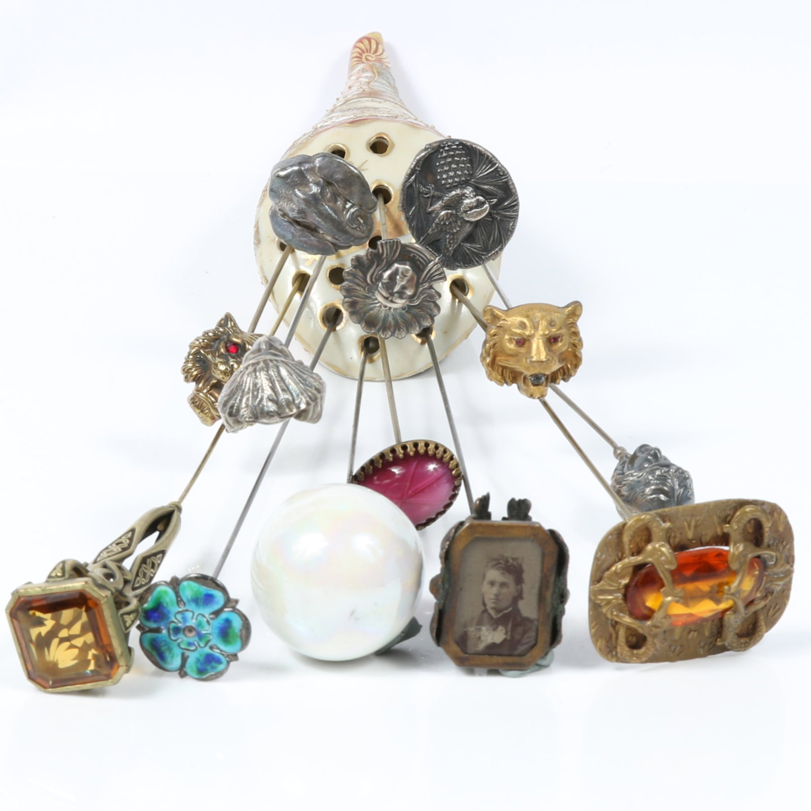 13pc group of Victorian hat pins including sterling silver, glass, enamel, and figural tops with (1 of 19)