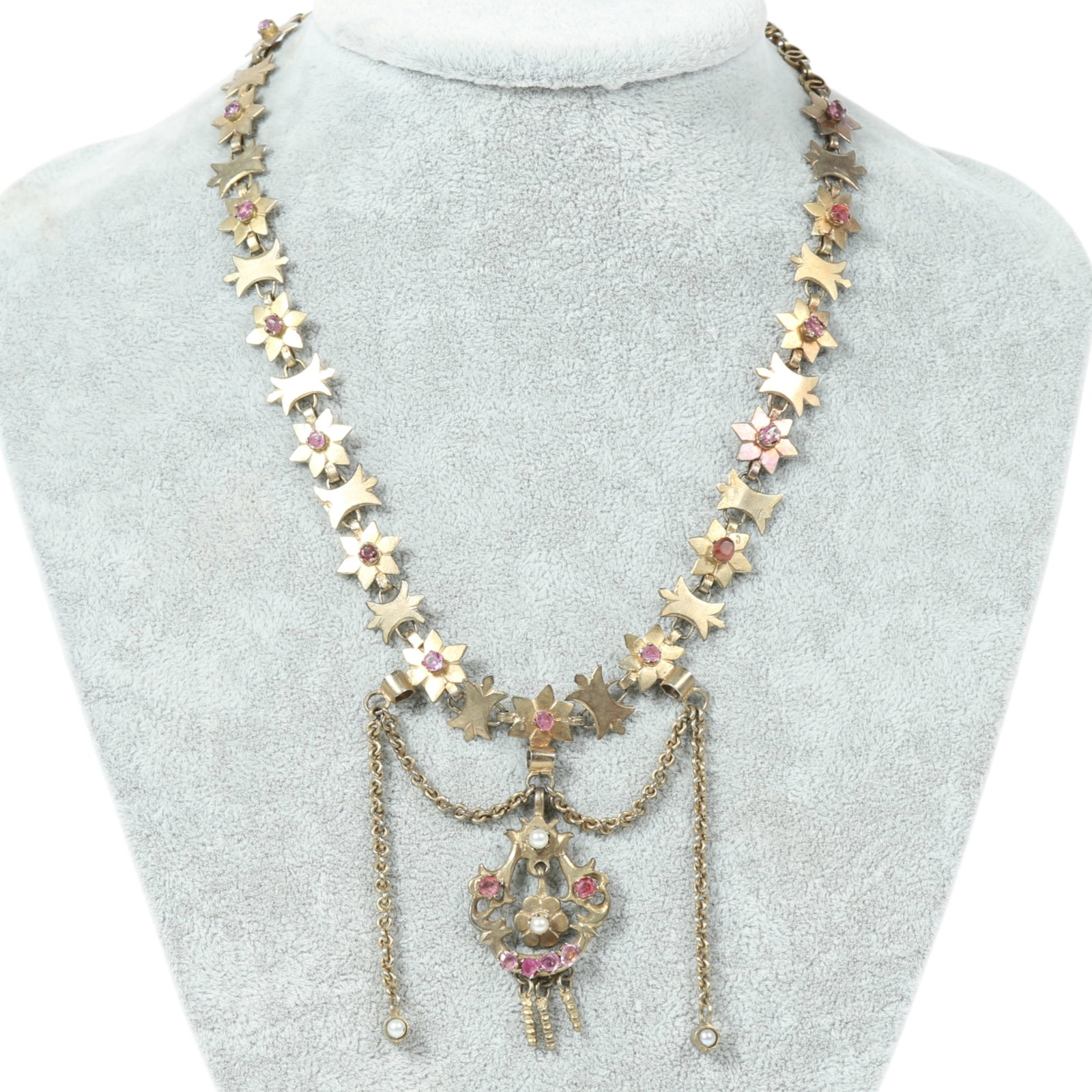 Victorian gilt metal swag necklace with single cut pink sapphires and seed pearls 17"L x 3"Drop (1 of 9)