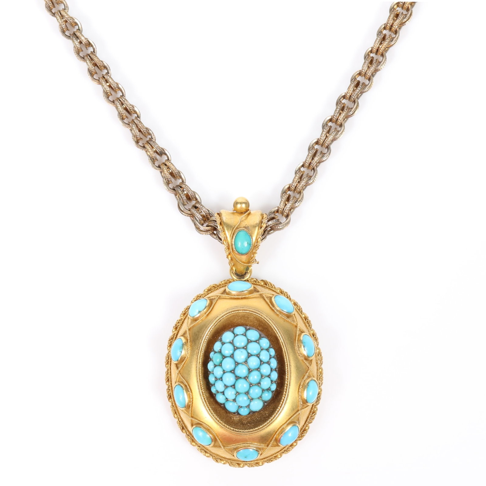 15k yellow gold Victorian Persian turquoise locket pendant with cluster of turquoise half-beads: 15k yellow gold Victorian Persian turquoise locket pendant with cluster of turquoise half-beads surrounded by small oval bezel-set cabochons entwined in micro-torsade trim and finished with a matching