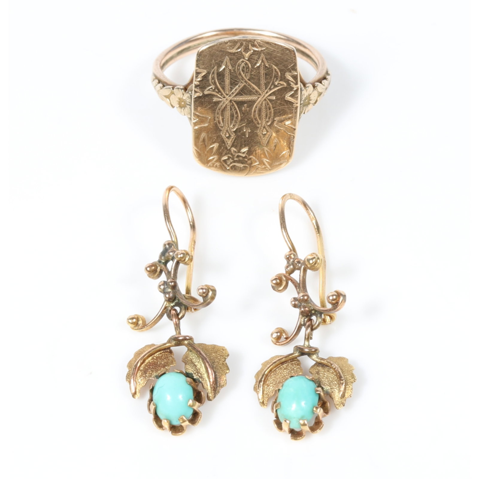 14K Victorian aesthetic 2pc group with floral and turquoise earrings, and hand engraved top ring: 14K Victorian aesthetic 2pc group with floral and turquoise earrings, and hand engraved top ring with 10k shank 2.61 dwt. ring - the top of the ring is 14k and the shank is 10k 2.07 dwt. earrings Prov
