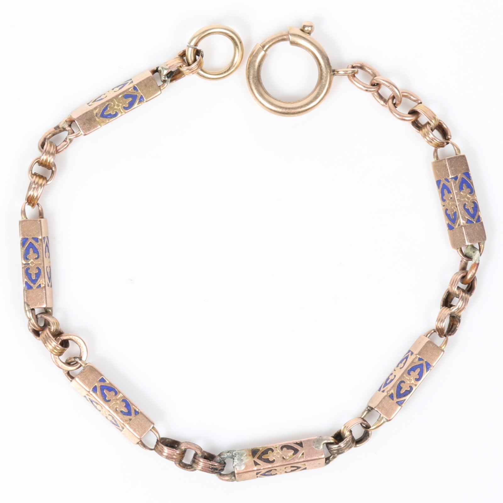 9k or 10k rosey yellow gold Victorian bracelet / watch fob chain with cobalt blue enamel detail 7: 9k or 10k rosey yellow gold Victorian bracelet / watch fob chain with cobalt blue enamel detail 5.00 dwt Provenance: From the collection of Sue Rudman, owner of Antique Source, Ltd in NYC for more tha