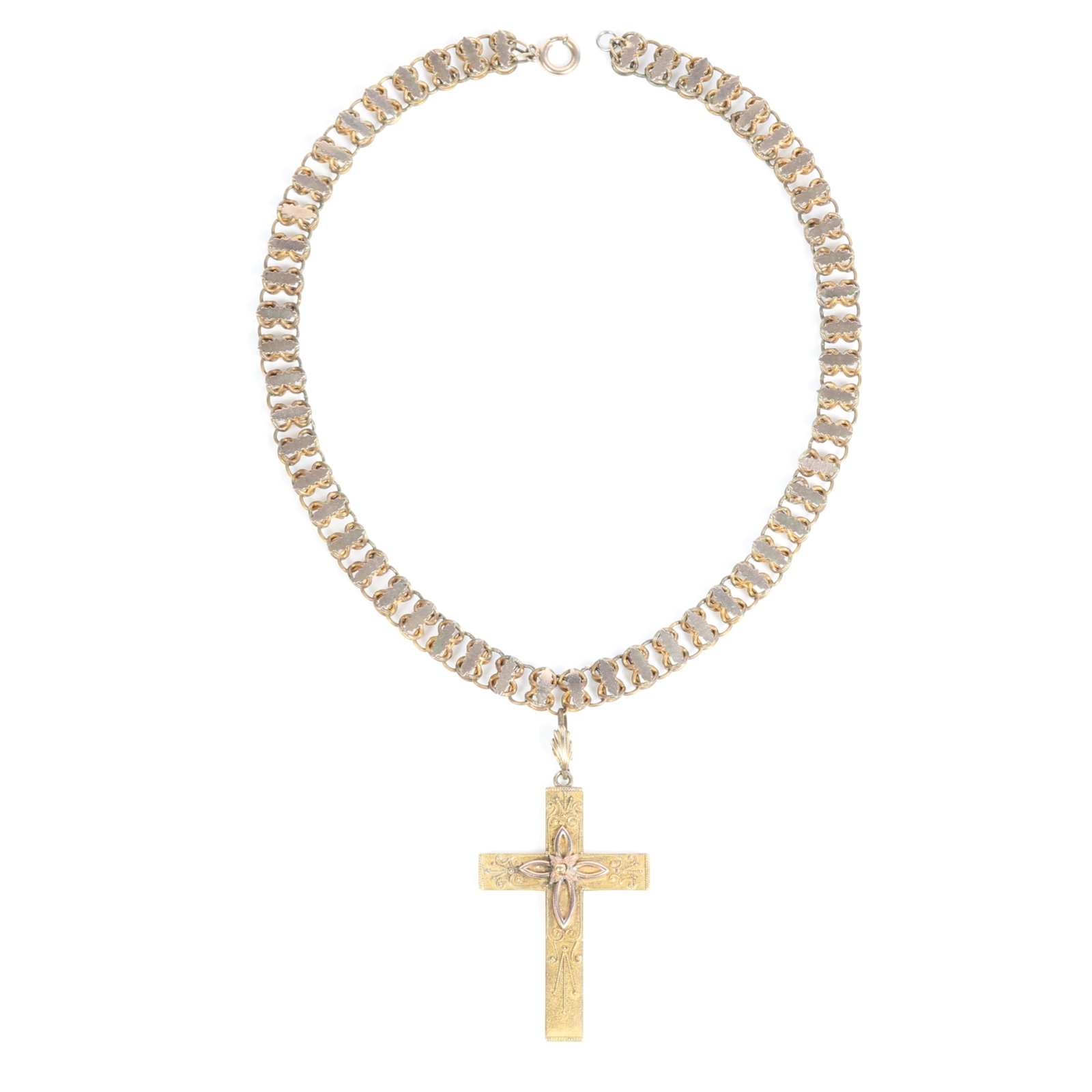 Victorian book chain cross pendant necklace with gold fronts 19"L x 3/8"W x 3 1/2"Drop: Victorian book chain cross pendant necklace with gold fronts Provenance: From the Collection of Joan Duran, owner of The Queen's Bedroom on Facebook 19"L x 3/8"W x 3 1/2"Drop