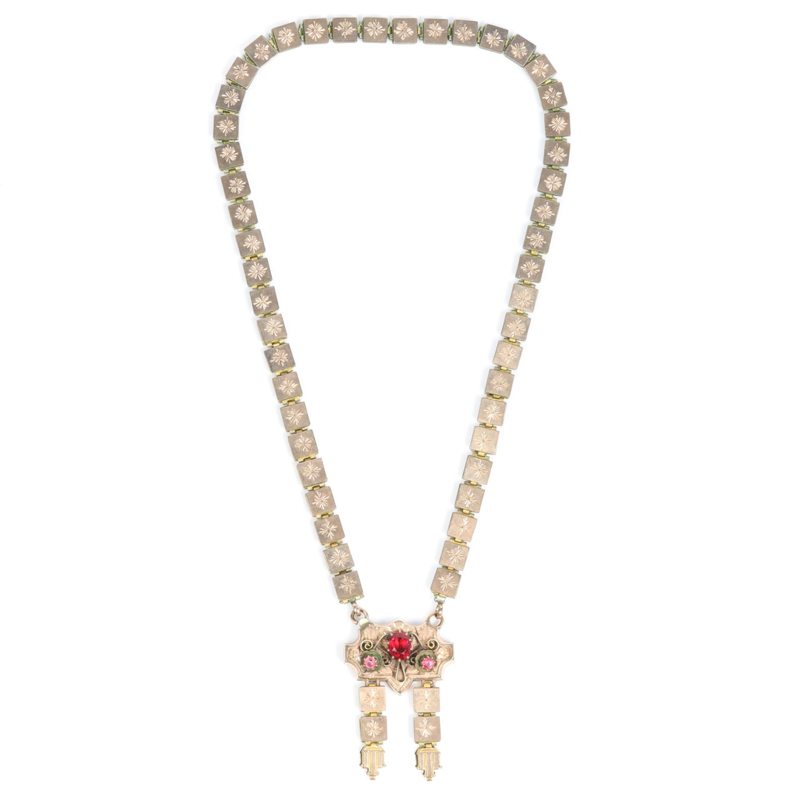 Victorian book chain necklace with gold fronts and central drop fringe accented with red jewels 18"L (1 of 13)