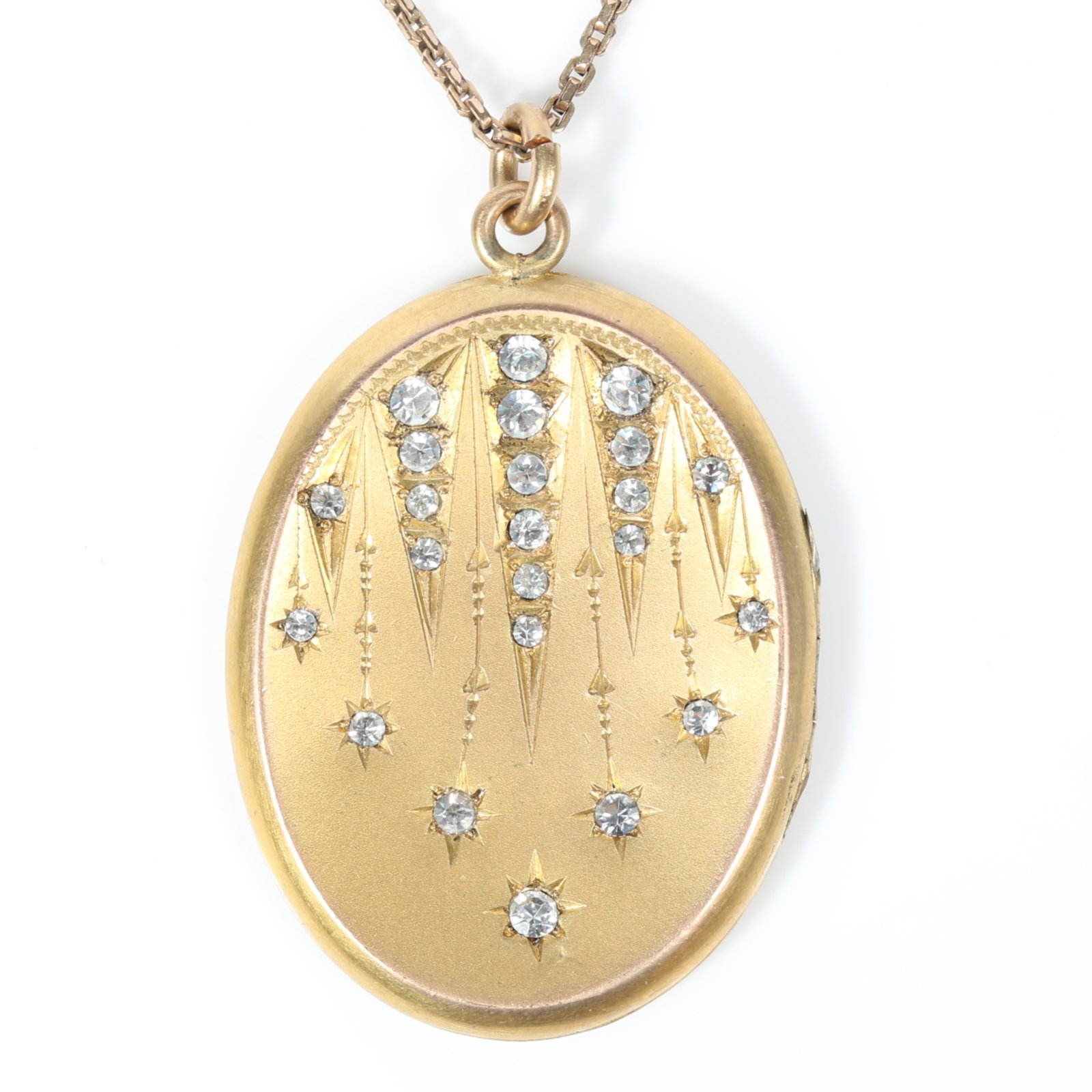 Victorian gold filled paste locket necklace with starburst waterfall design, and flat cable chain,: Victorian gold filled paste locket necklace with starburst waterfall design, and flat cable chain, exceptional condition Provenance: From the collection of Sue Rudman, owner of Antique Source, Ltd in 