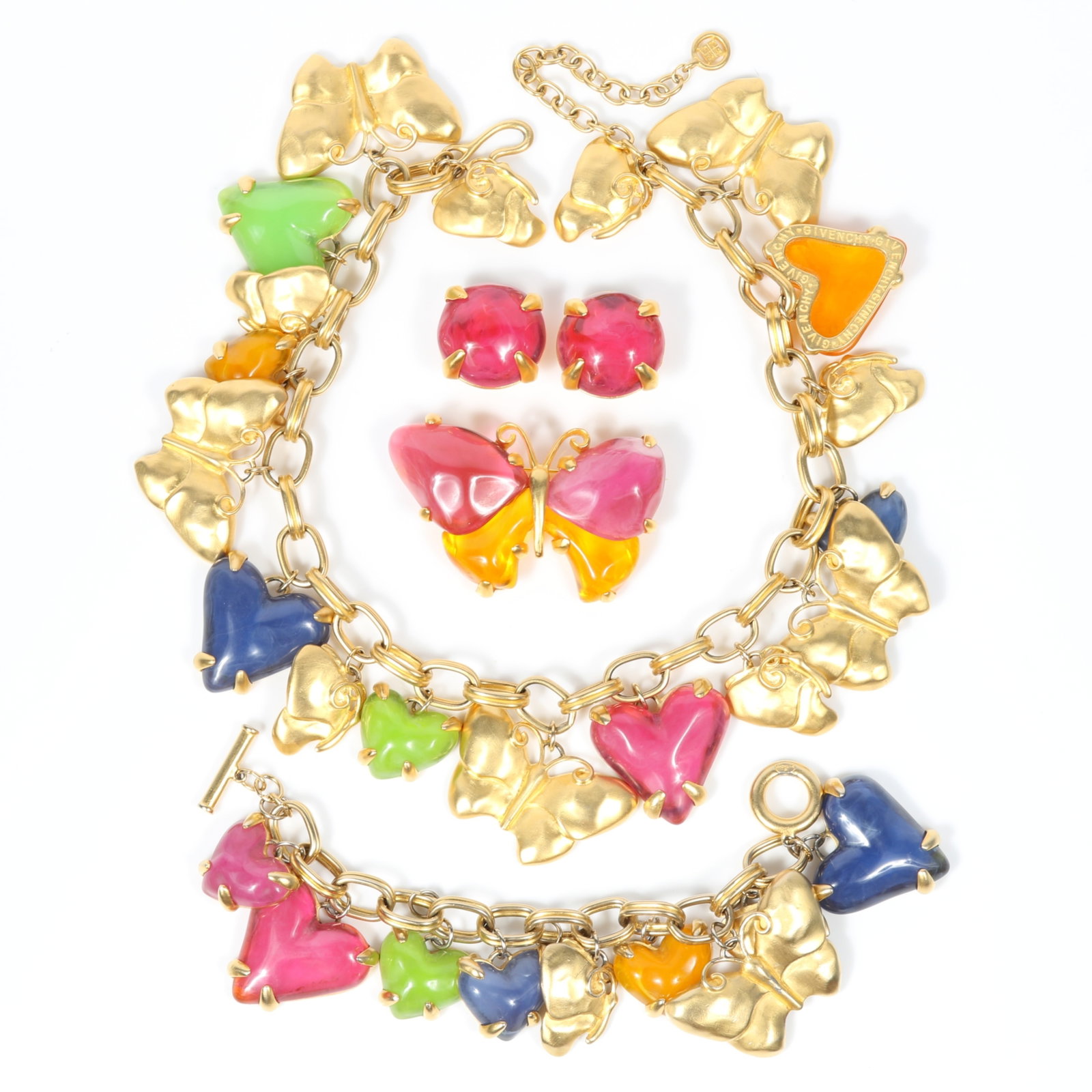 Givenchy 1990's grand parure with resin hearts and butterflies in bright springtime colors, includes (1 of 19)