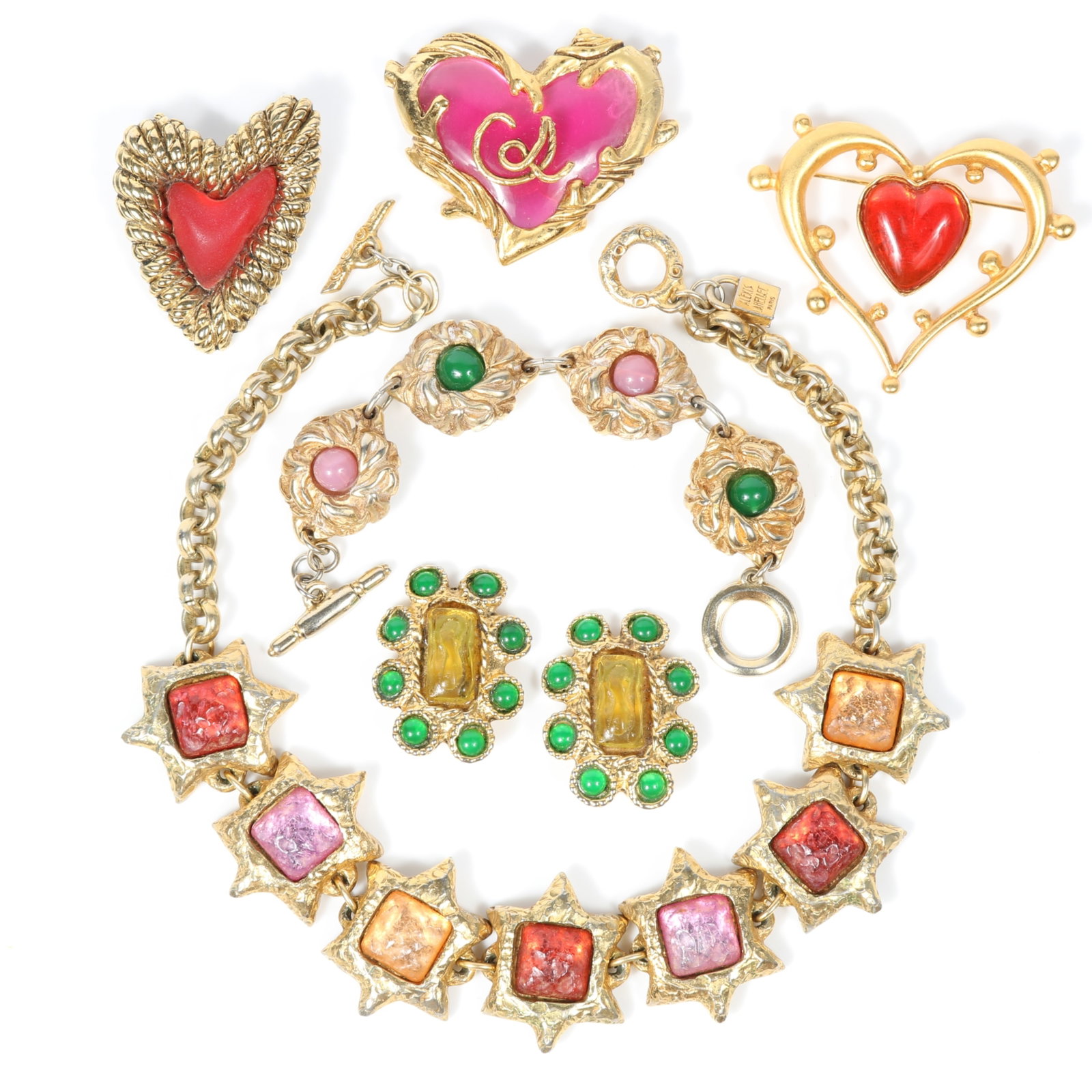 French designer couture 6pc group: Christian Lacroix pink heart brooch, Balenciaga heart brooch, (1 of 17)