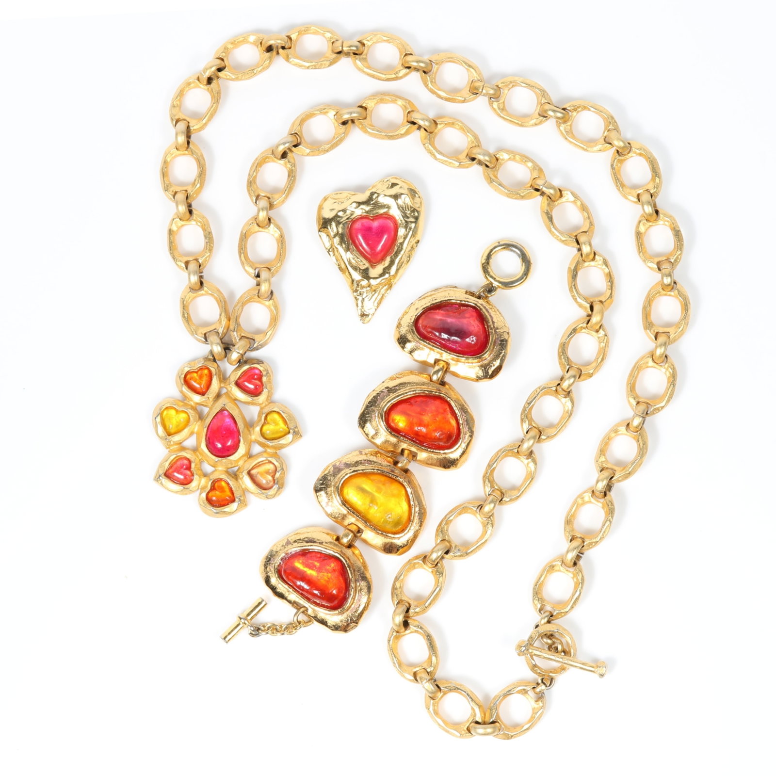 Edourd Rambaud French couture 3pc brightly colored jelly cabochon jewelry group with super long: Edourd Rambaud French couture 3pc brightly colored jelly cabochon jewelry group with super long pendant necklace, bracelet, and brooch. Bracelet has some chipping to finish Provenance: From the privat