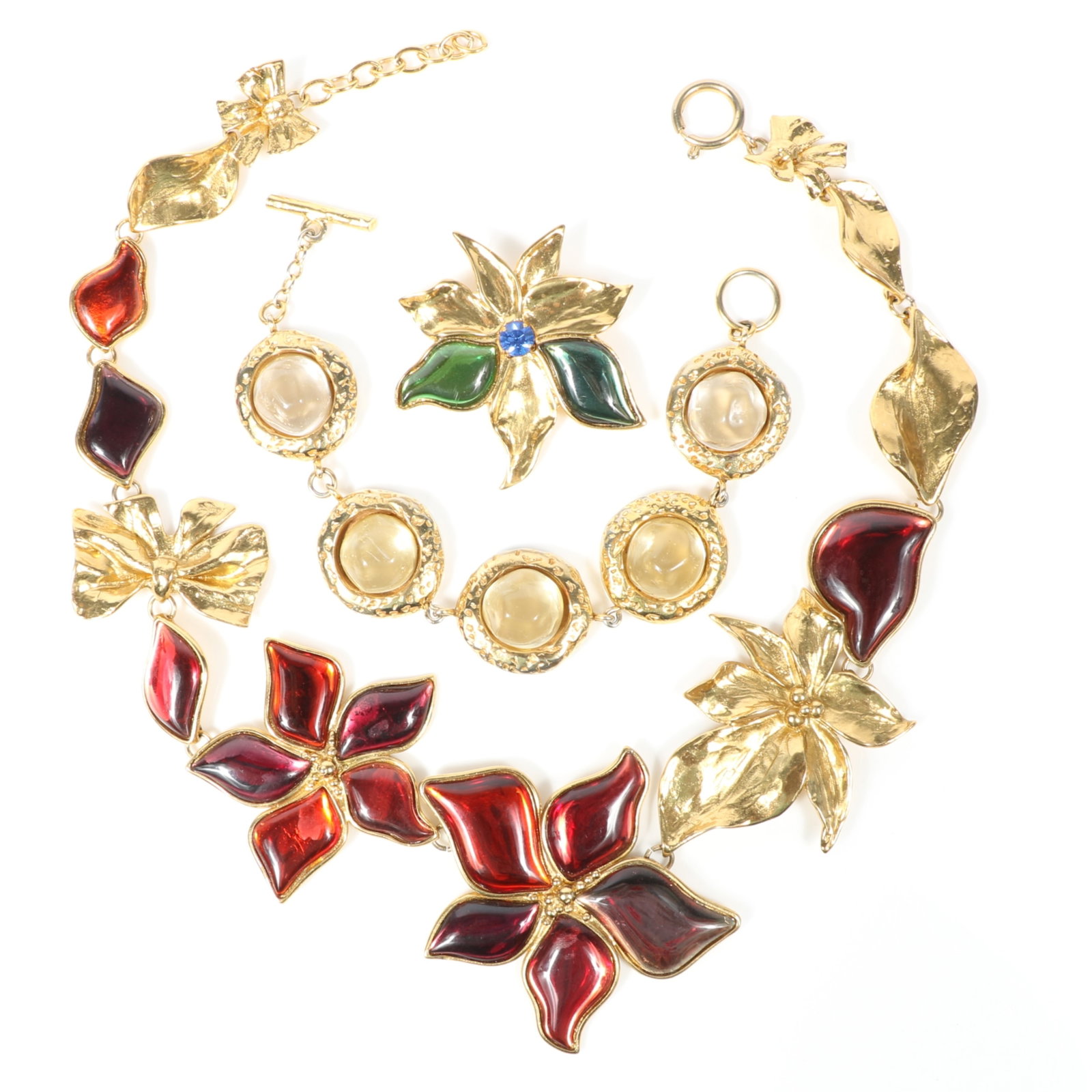 French couture 3pc group: Dominique Denaive resin bracelet and Scherrer Paris poinsettia demi-parure (1 of 15)