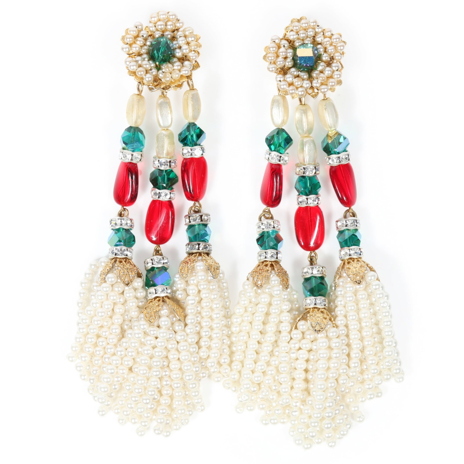 Lawrence VRBA long triple strand faux pearl fringe drop earrings with red and green glass beads and: Lawrence VRBA long triple strand faux pearl fringe drop earrings with red and green glass beads and rhinestone rondelles Provenance: From the Collection of Joan Duran, owner of The Queen's Bedroom on 