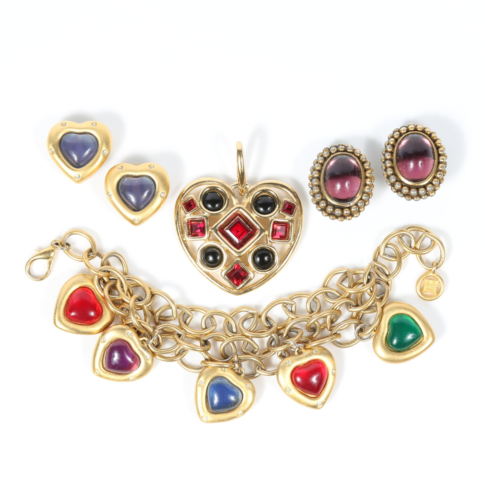 Givenchy and YSL 4pc group: Givenchy jelly cabochon heart charm bracelet with matching earrings, (1 of 12)