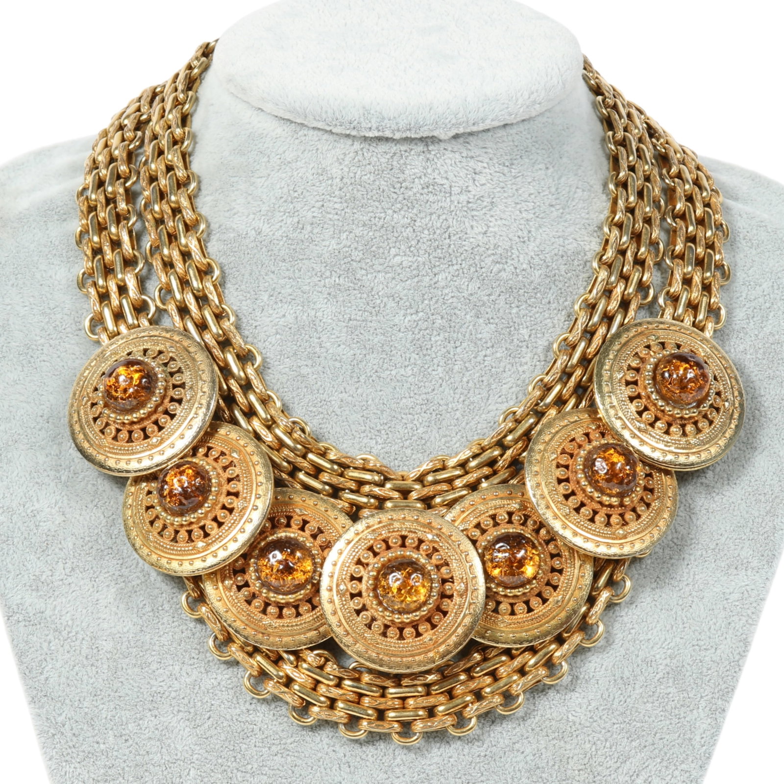 Dominique Aurientis Paris layered statement collar bib necklace with gold tone medallions featuring (1 of 14)