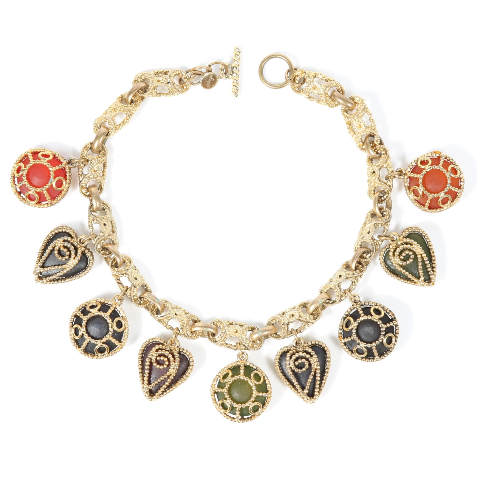 Kalinger Paris designer couture gold-tone statement colorful drop charm necklace adorned with wire: Kalinger Paris designer couture gold-tone statement colorful drop charm necklace adorned with wire wrapped hearts and circles There is wear to the metal on the chain and the charms. Provenance: From t